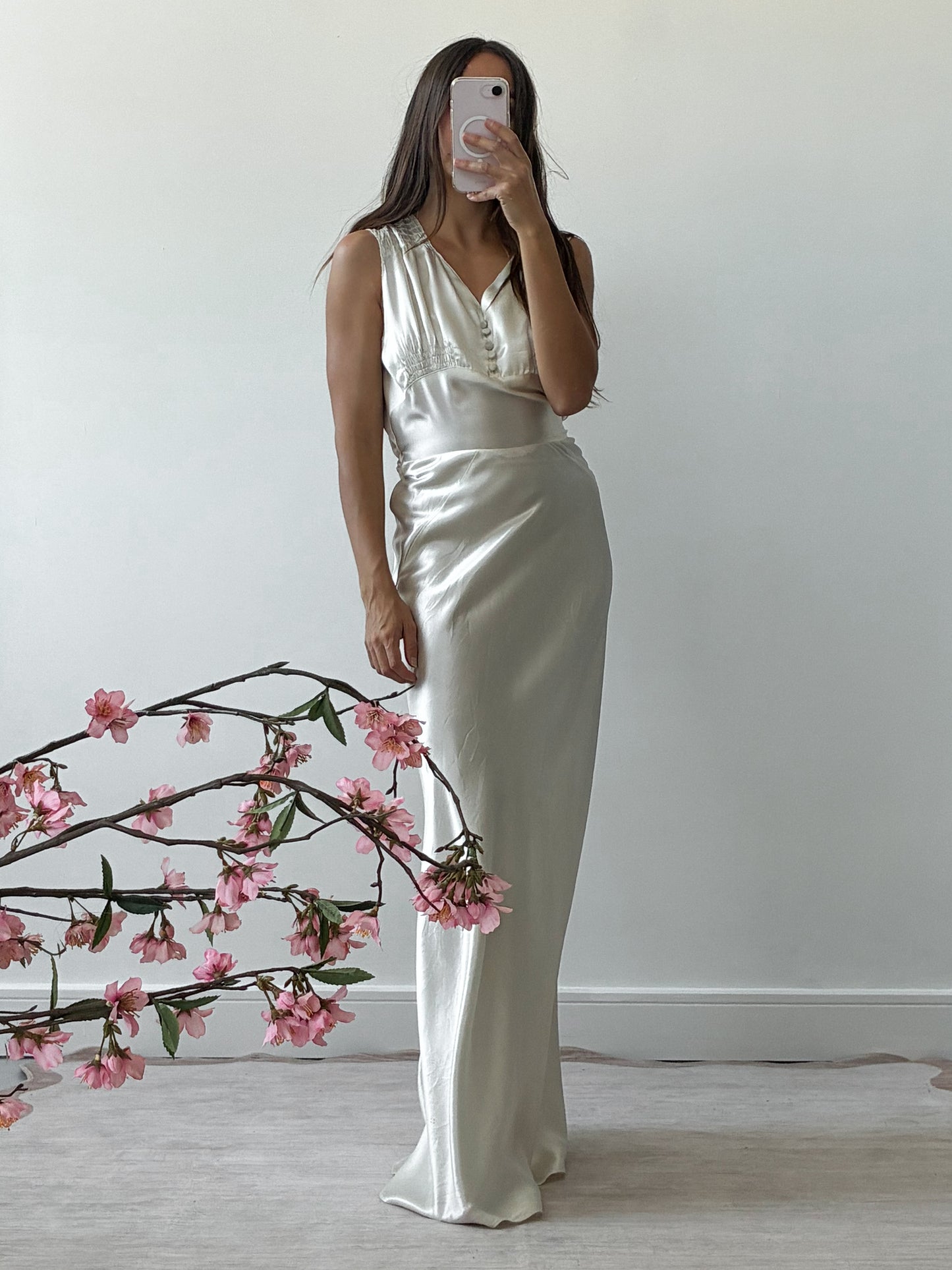 1930s Liquid Satin Bias-Cut Slip Wedding Dress With Matching Belt