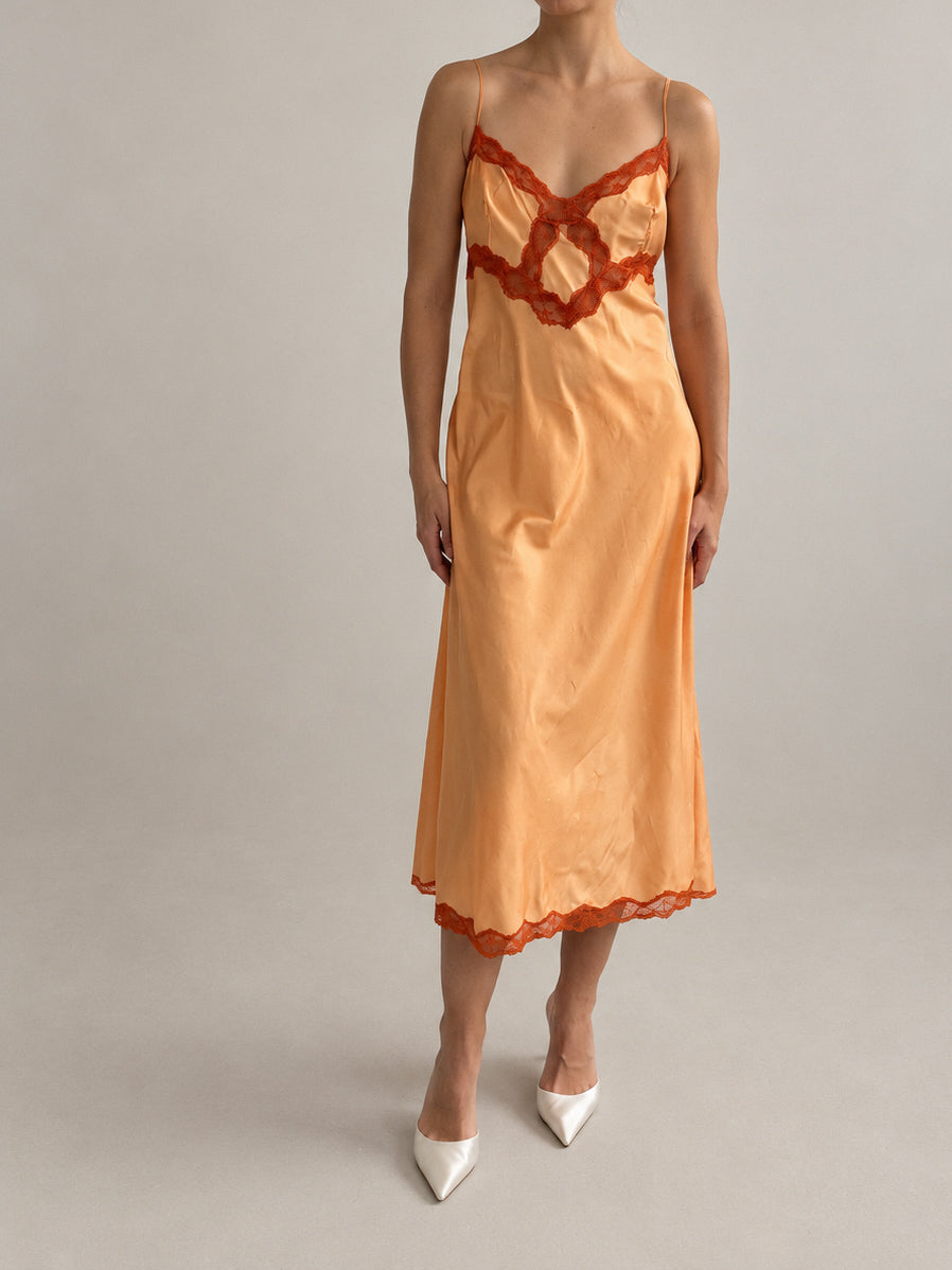 1970s Silk Satin Slip With Contrasting Lace In Sunset Orange L