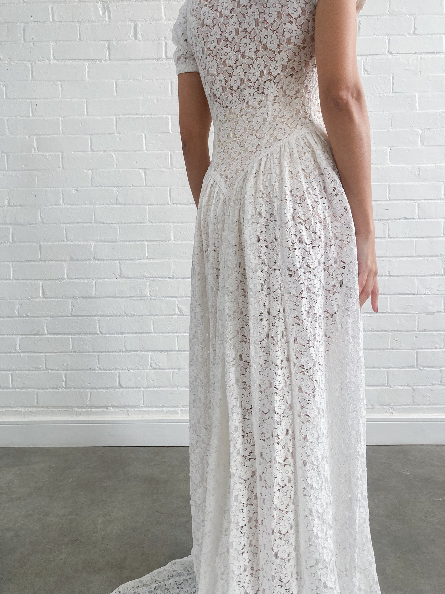 1930s Ivory Floral Lace Wedding Dress With Puff Sleeves And Sweep Train