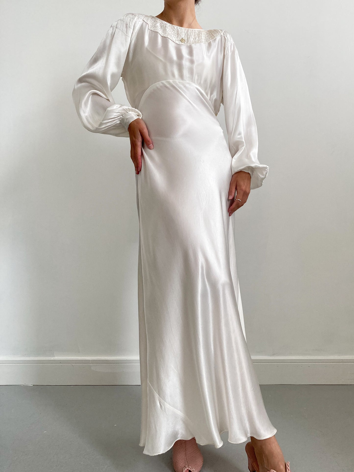 1930s Ivory Ruched Slipper Satin Wedding Gown with Puff Sleeves