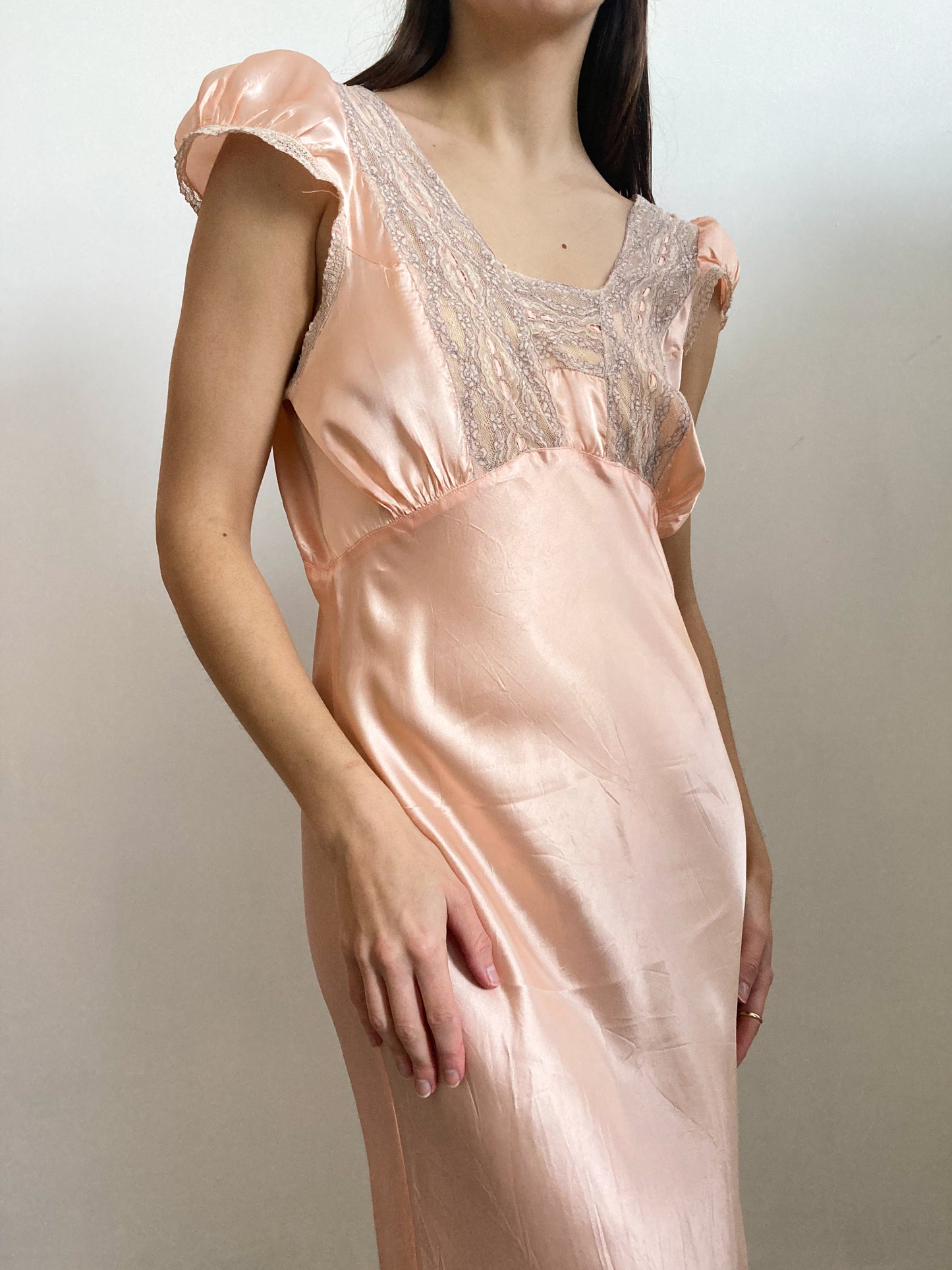 1930s Pink Satin Puff Sleeve Gown with Lace Embroidery