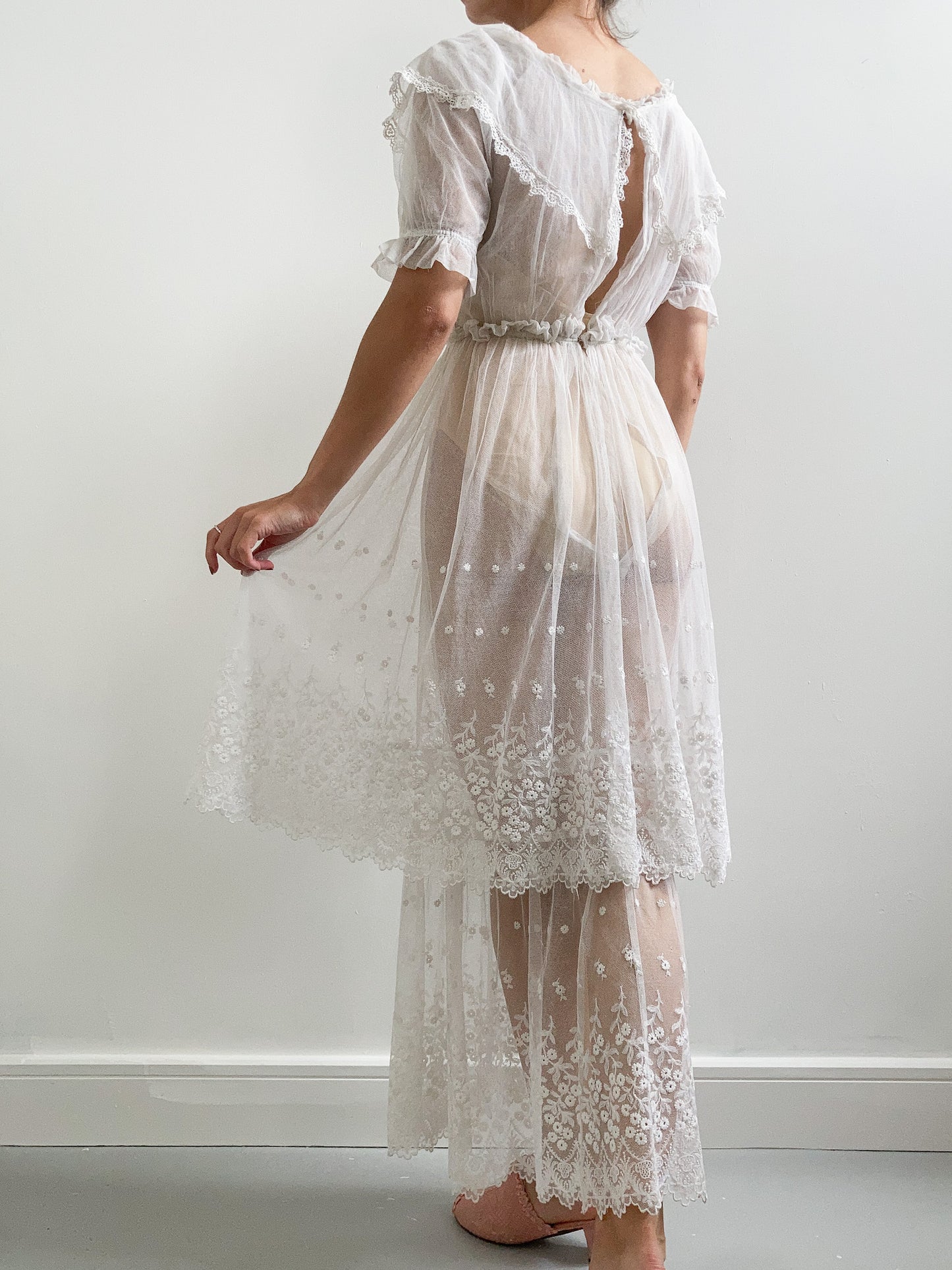 Antique Embroidered Net Tiered Wedding Dress with Collar