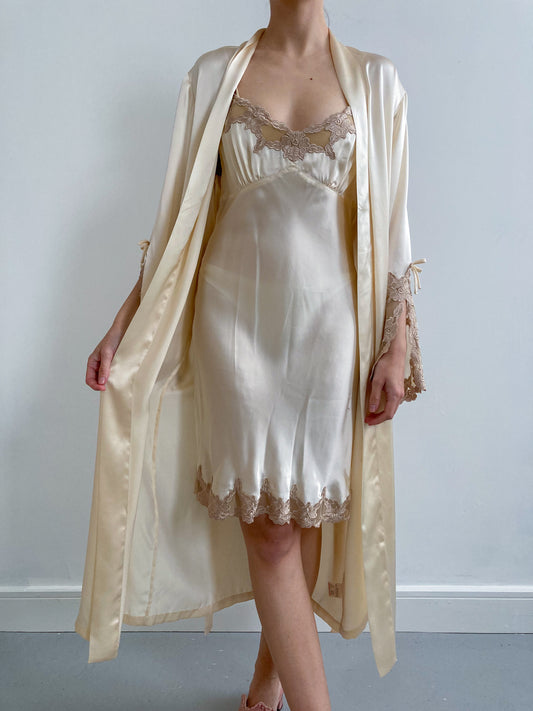 1990s Cream Silk Slip & Robe Set with Champagne Lace