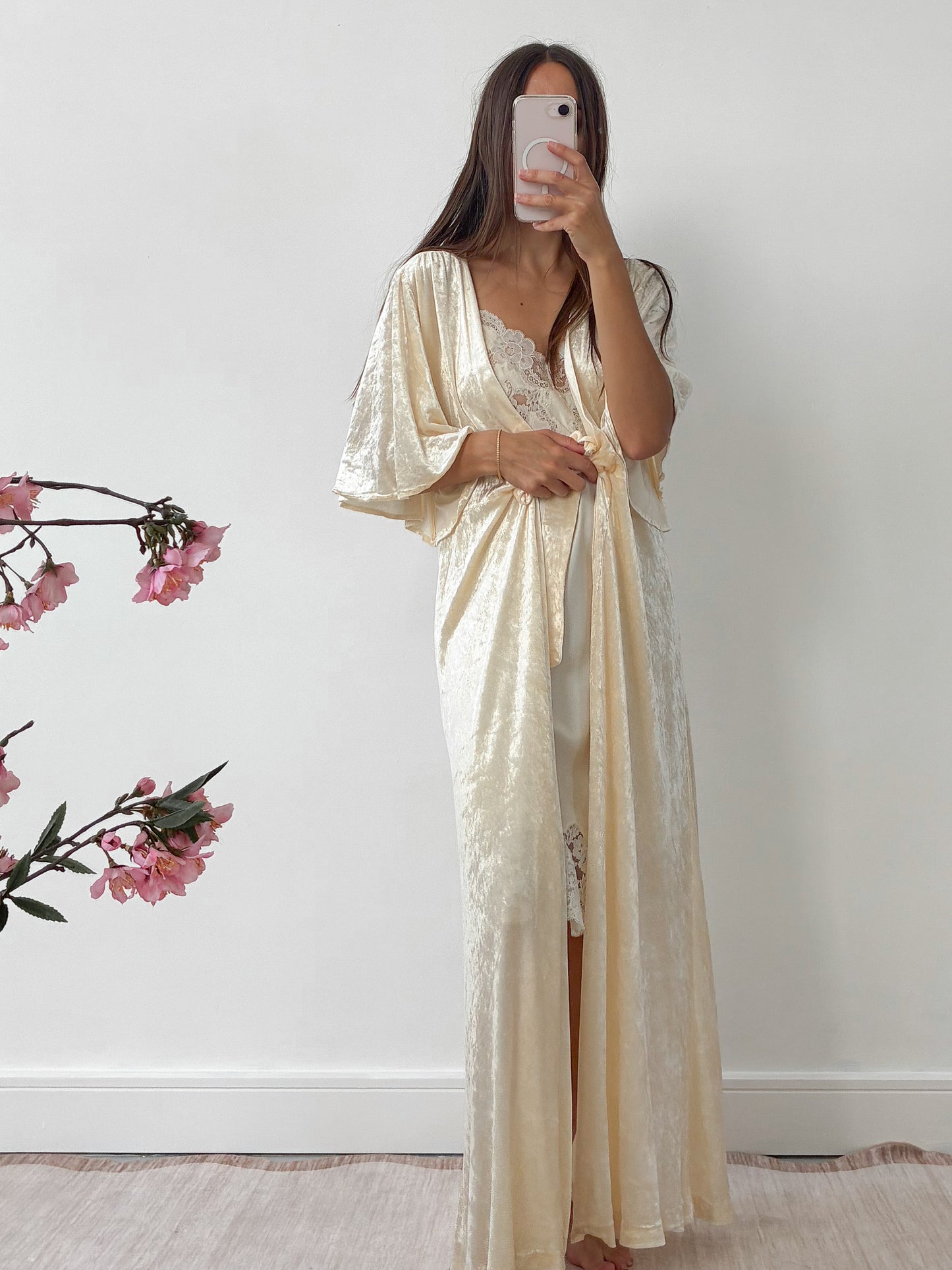 1970s Crushed Velvet Robe With Triangle Sleeves In Buttercream M L