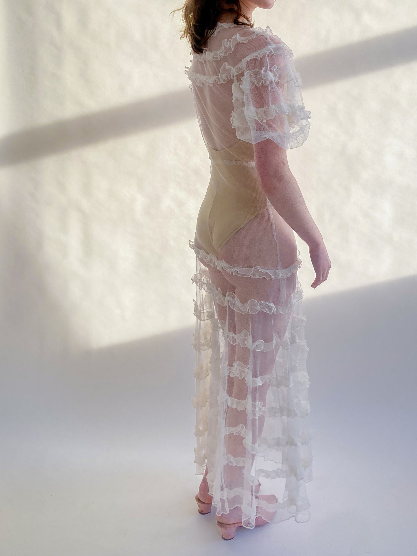 1930s Tiered Ruffle Net Dress With Puff Sleeves