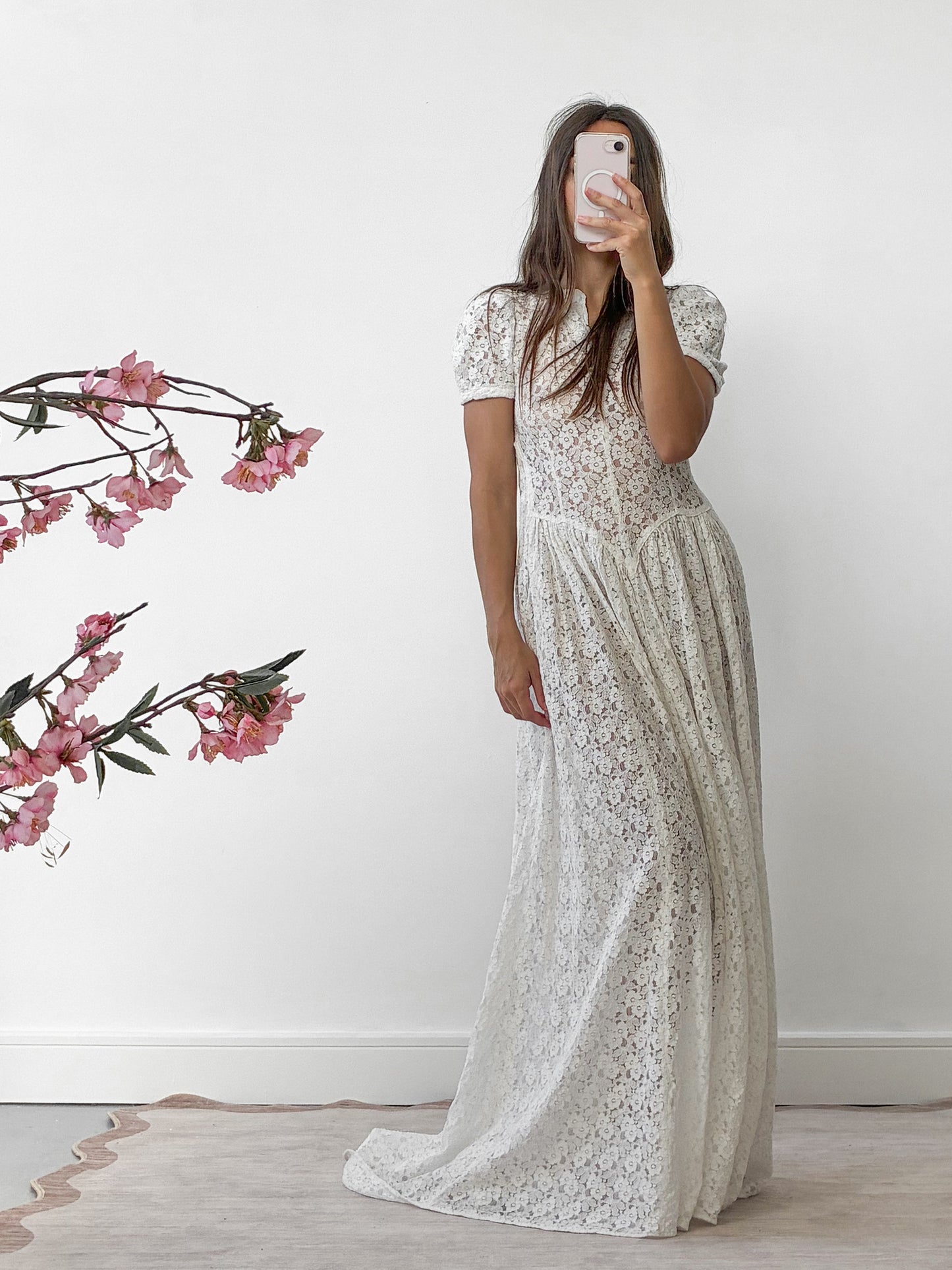 1930s Ivory Floral Lace Wedding Dress With Puff Sleeves And Sweep Train