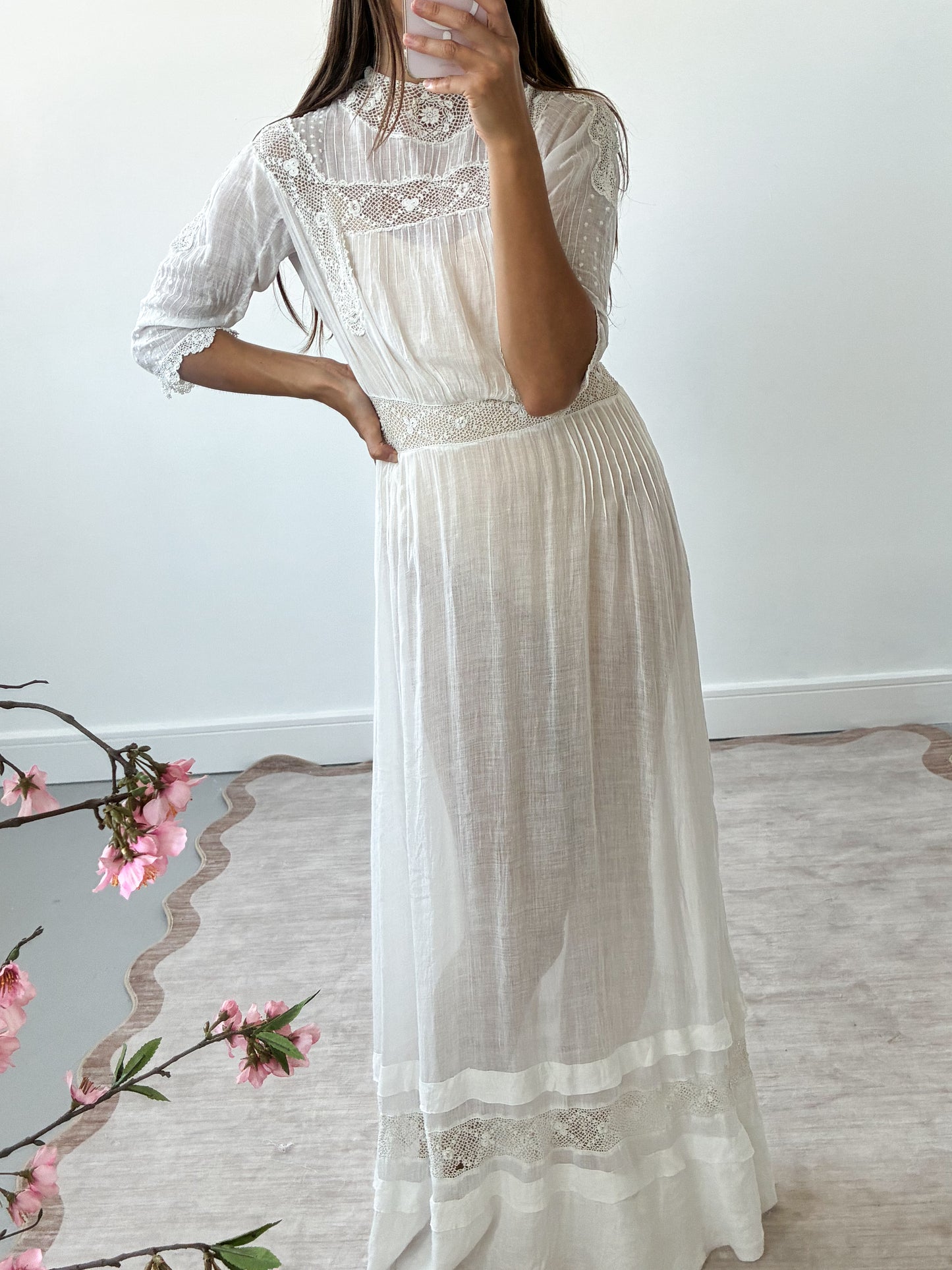 Antique Edwardian Cotton Lawn Wedding Dress With Hand-Crochet Panels XS S