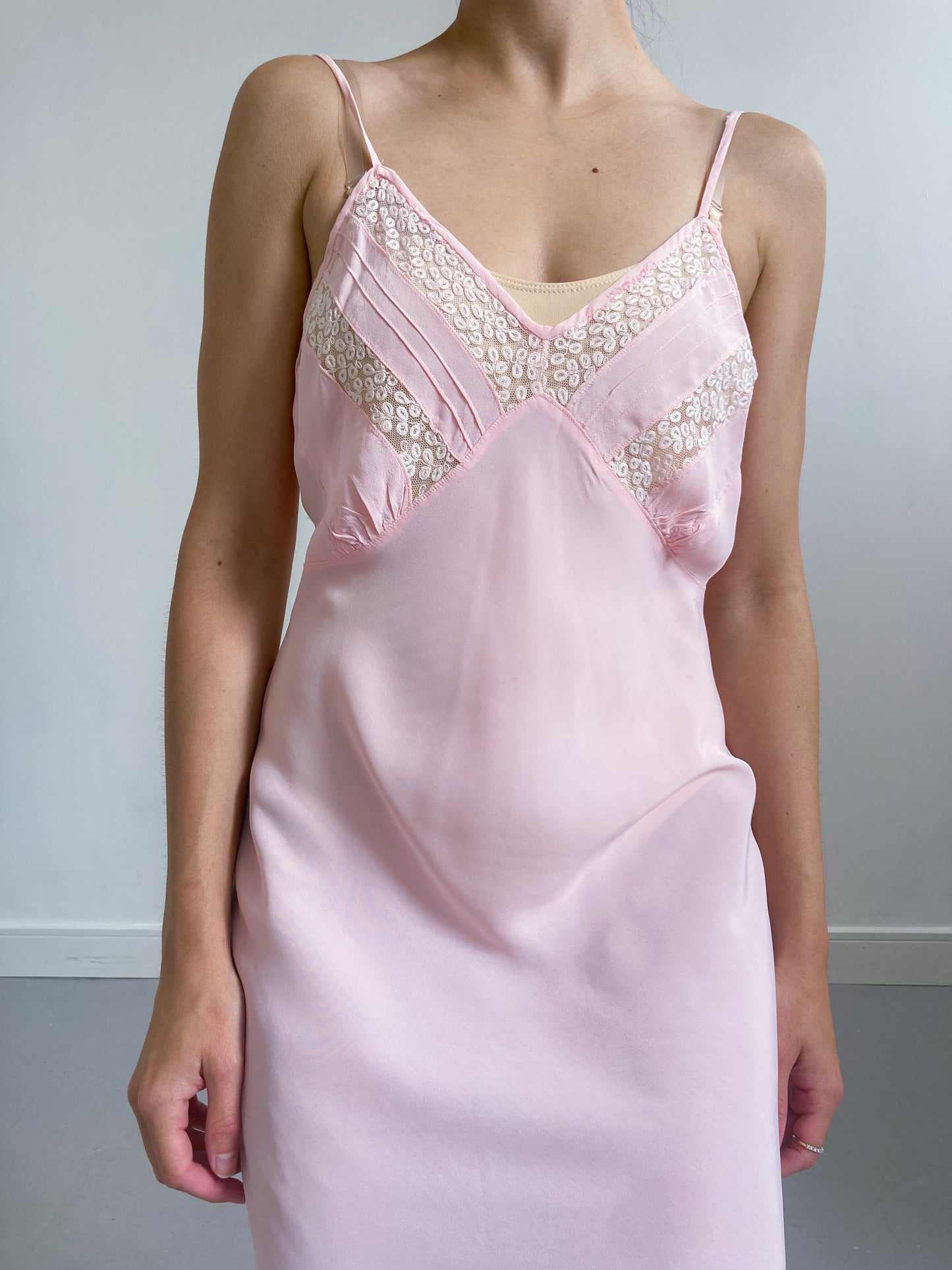 1930s Pink Slip with Floral Lace Trim