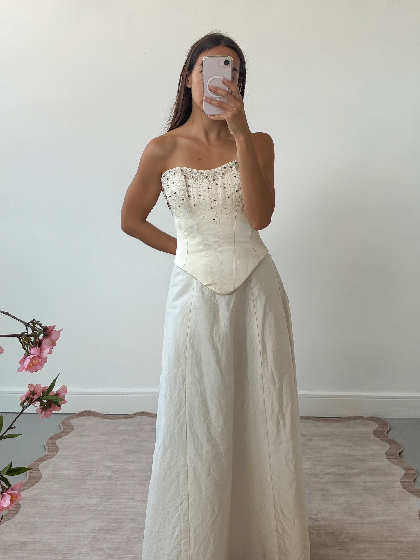 1990s Silk Lace-Up Embellished Corset In Cream S