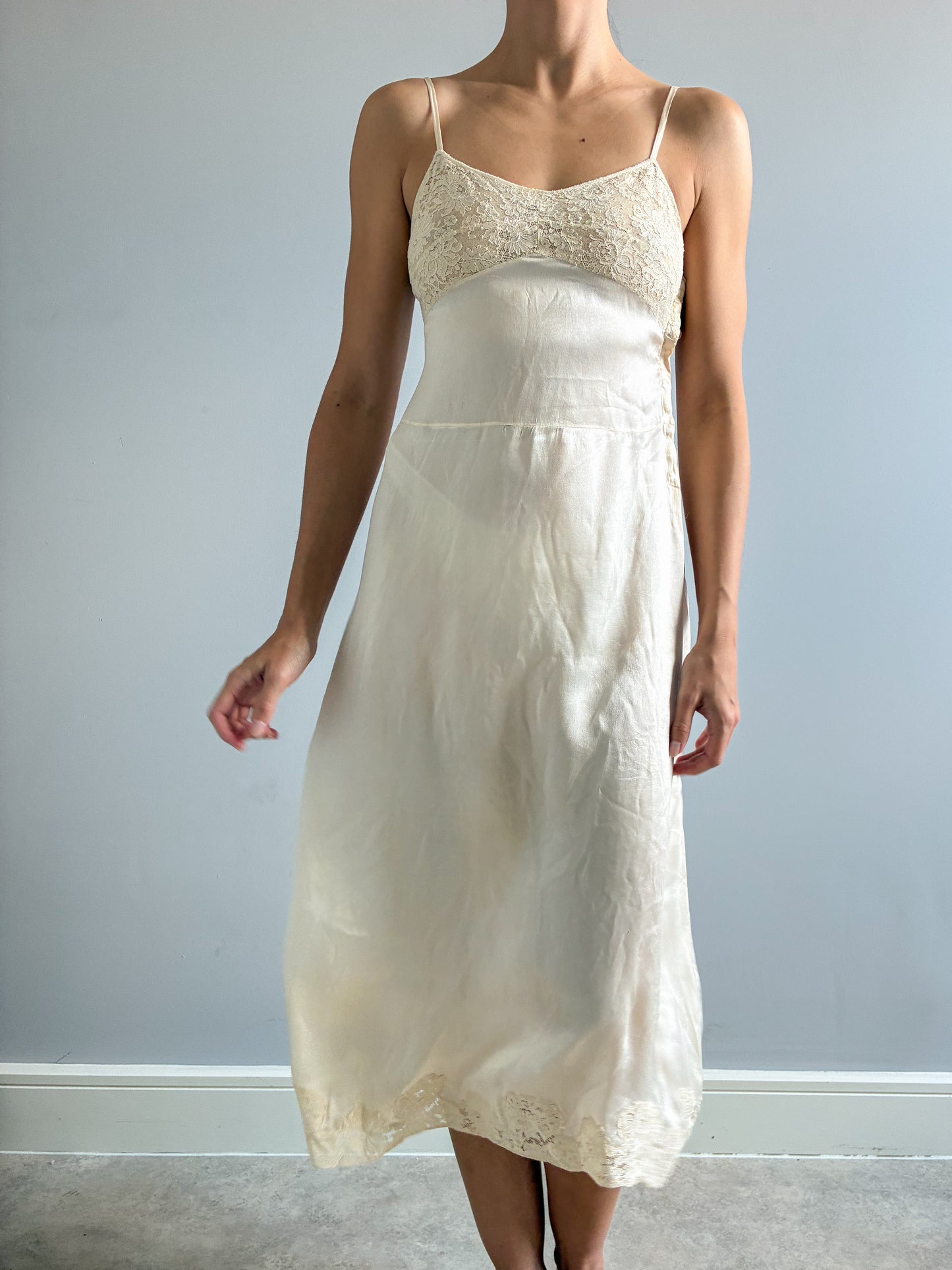 Antique Silk Cream Slip With Lace Trim And Spaghetti Straps