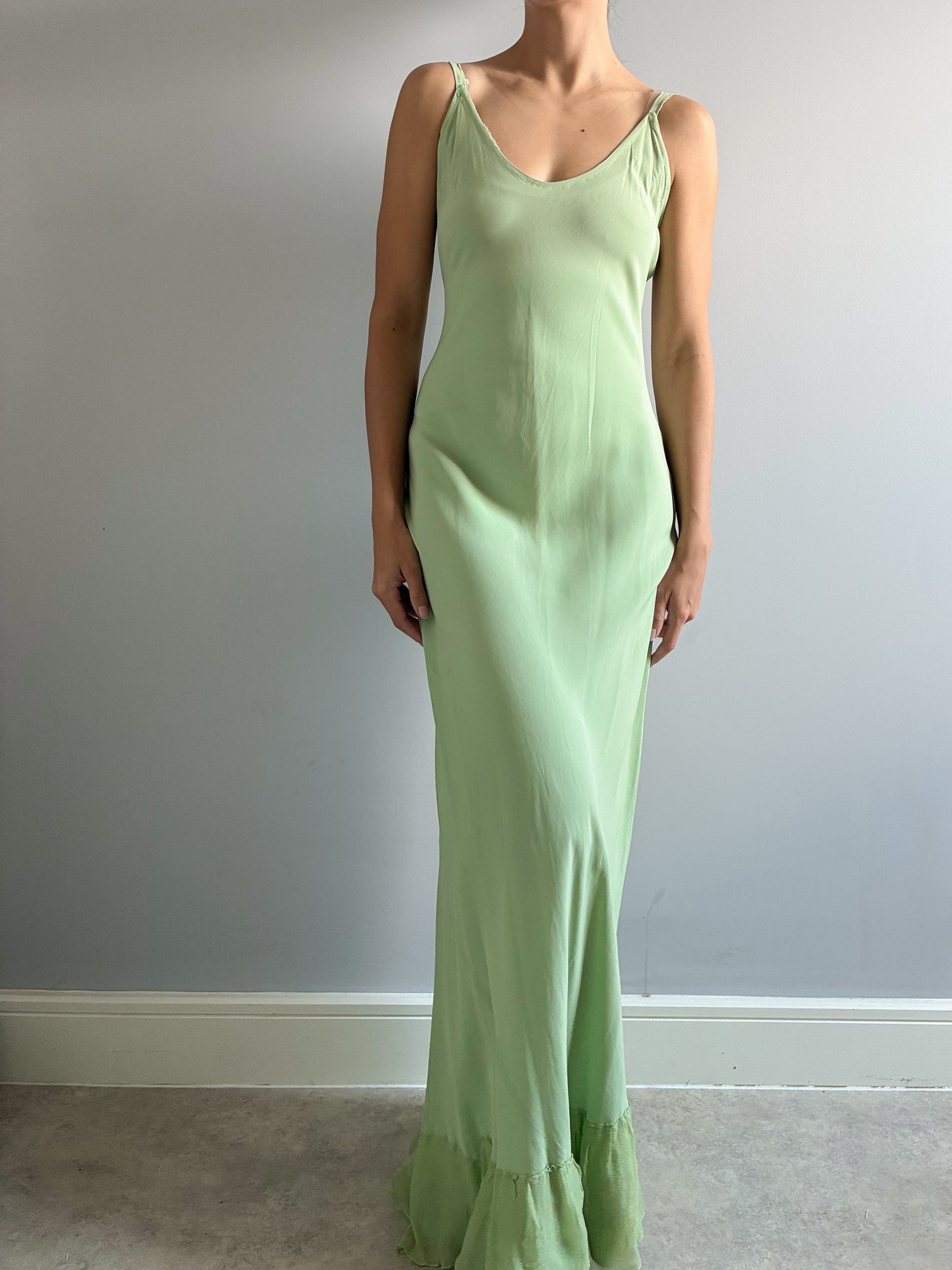 1930s Green Satin Slip With Chiffon Trim