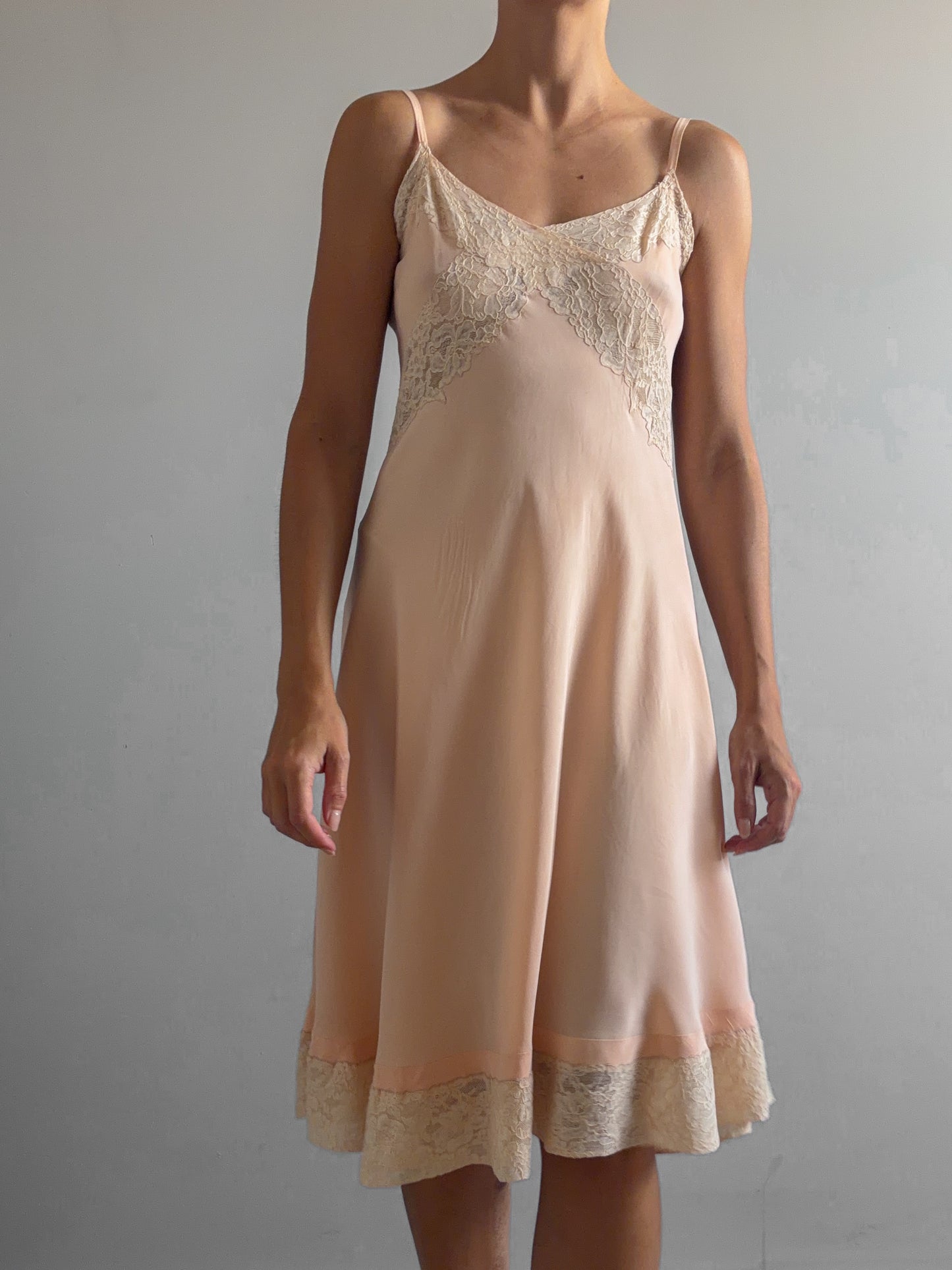 1930s Dusty Orange Midi Silk Slip With Beige Lace