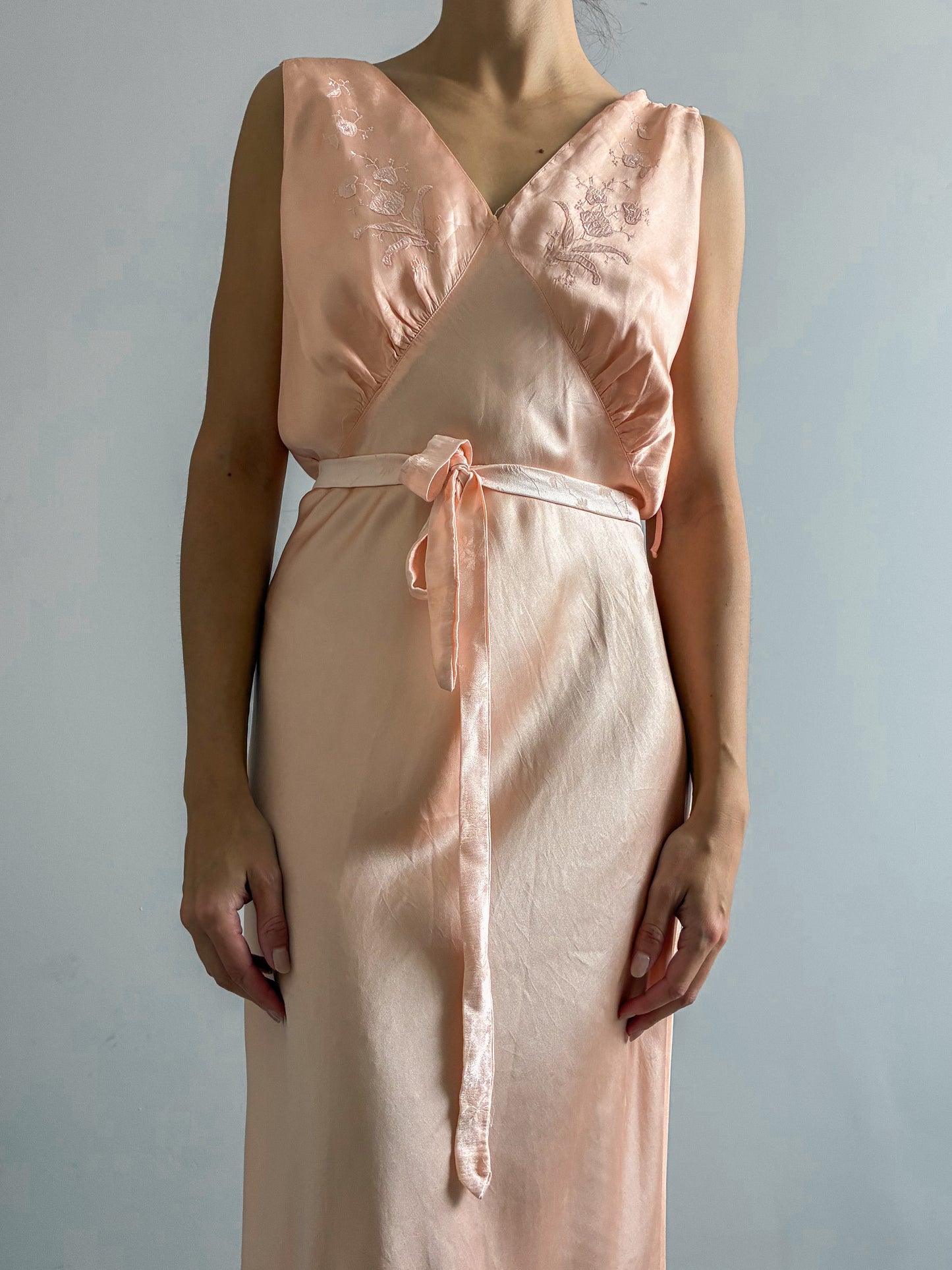 1930s Peachy Pink Pure Silk Slip Gown With Triple Straps