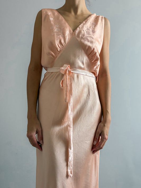 1930s Peachy Pink Pure Silk Slip Gown With Triple Straps