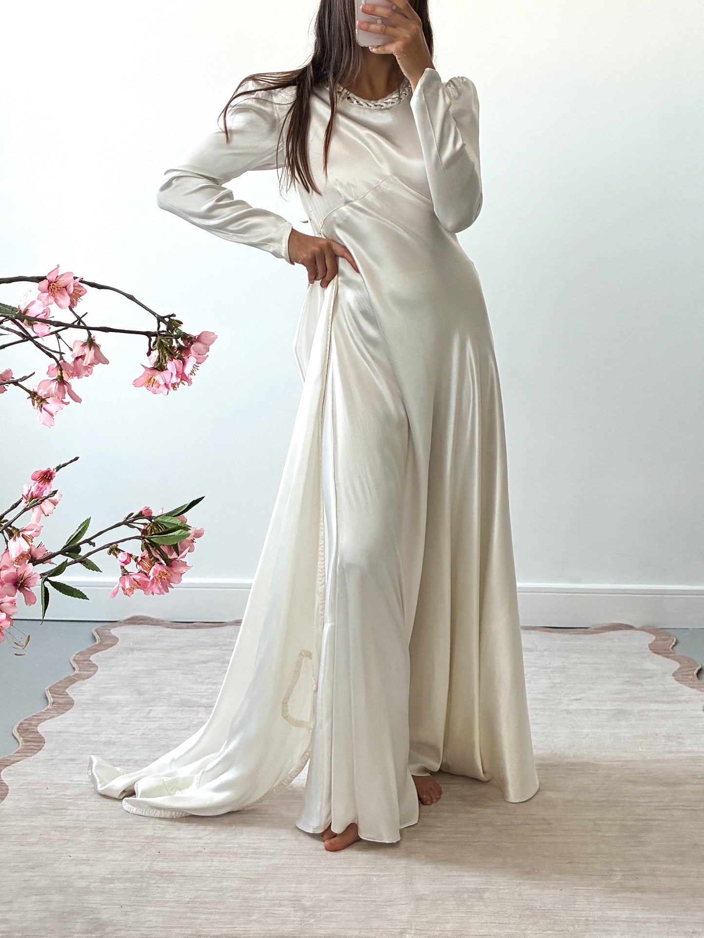 1940s Satin Dress With Wateau Train and Bow Detail