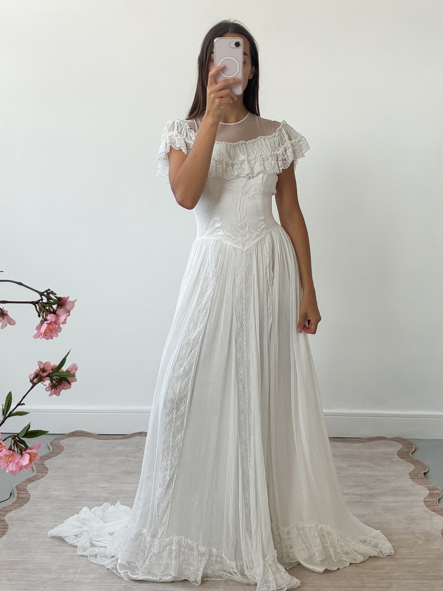 1940s Ivory Tulle Wedding Dress With Ruffle Neck And Cathedral Train