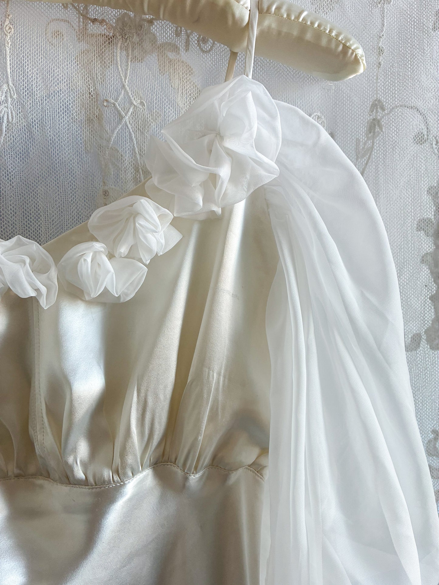 1930s Silk Wedding Gown With Chiffon Sleeves And Bow Detail