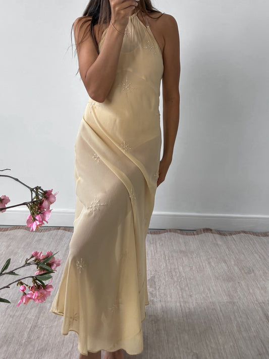 1990s Yellow Silk Chiffon Halterneck Slip Gown XS S M