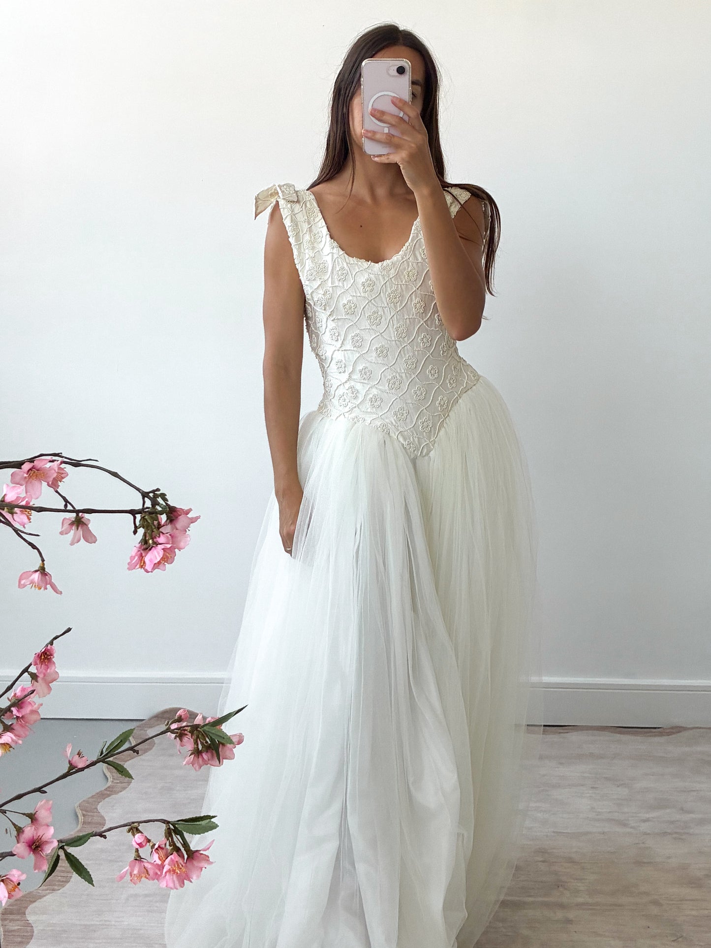 1990s Tulle Gown With Silk & Pearl Embroidered Corset And Bow Detail