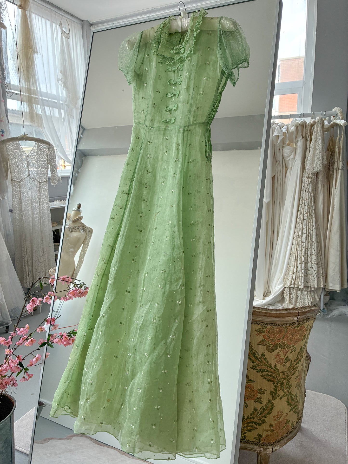 1930s Green Organza Dress With Bow Detail And Floral Embroidery M