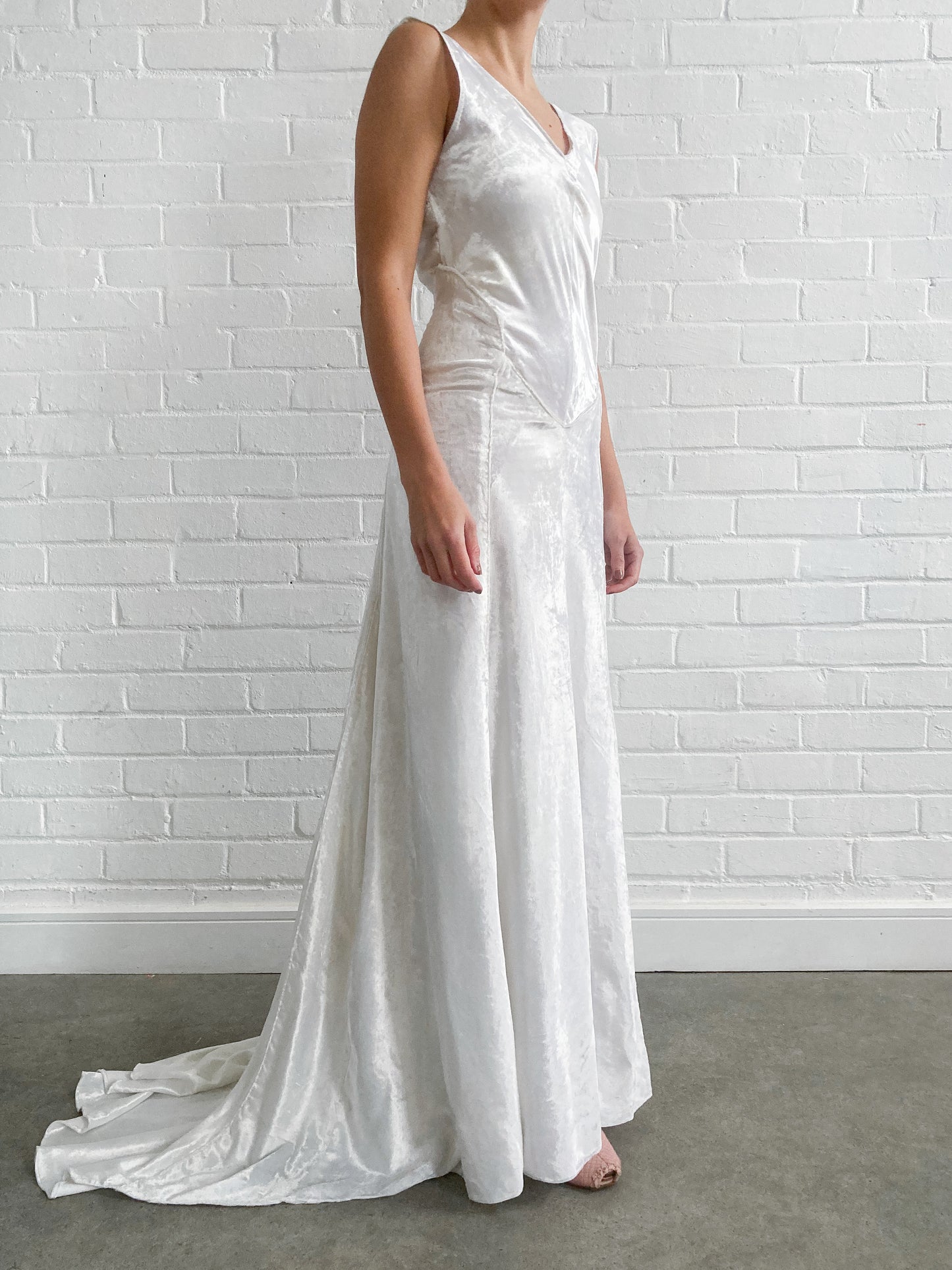 1930s Crushed Velvet Bias Cut Wedding Gown With Sweep Train