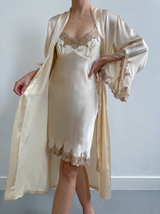 1990s La Senza Cream Silk Slip & Robe Set with Champagne Lace