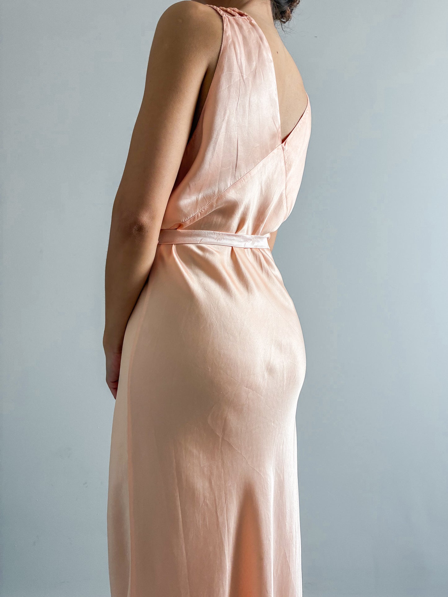 1930s Peachy Pink Pure Silk Slip Gown With Triple Straps