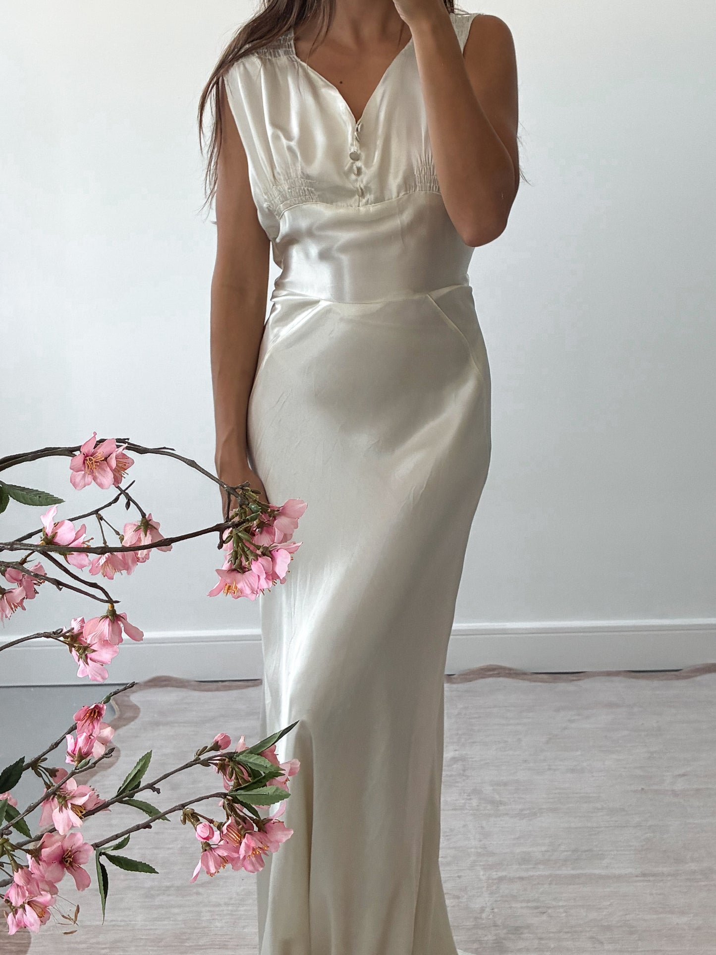 1930s Liquid Satin Bias-Cut Slip Wedding Dress With Matching Belt