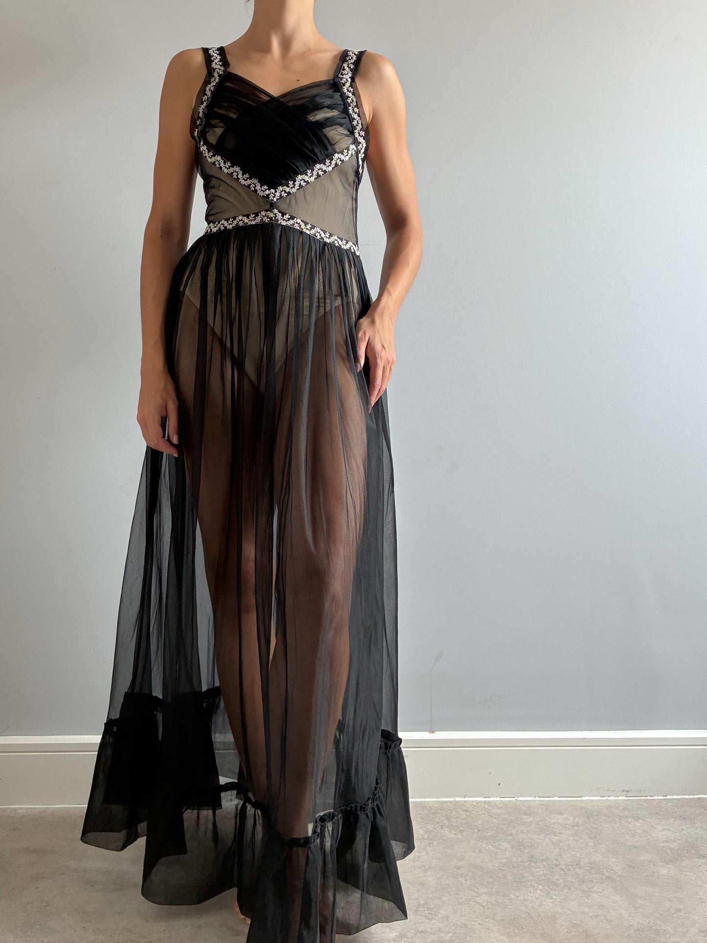 1950s Black Sheer Nightdress With Floral Embroidery