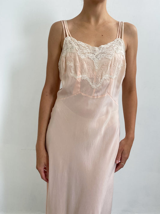 1930s Silk Peach Slip Gown with Ivory Lace and Triple Straps