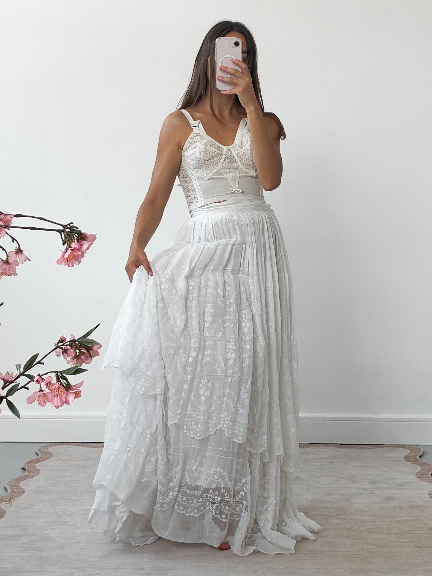 Edwardian Tiered Cotton Lawn Skirt With Floral Embroidery