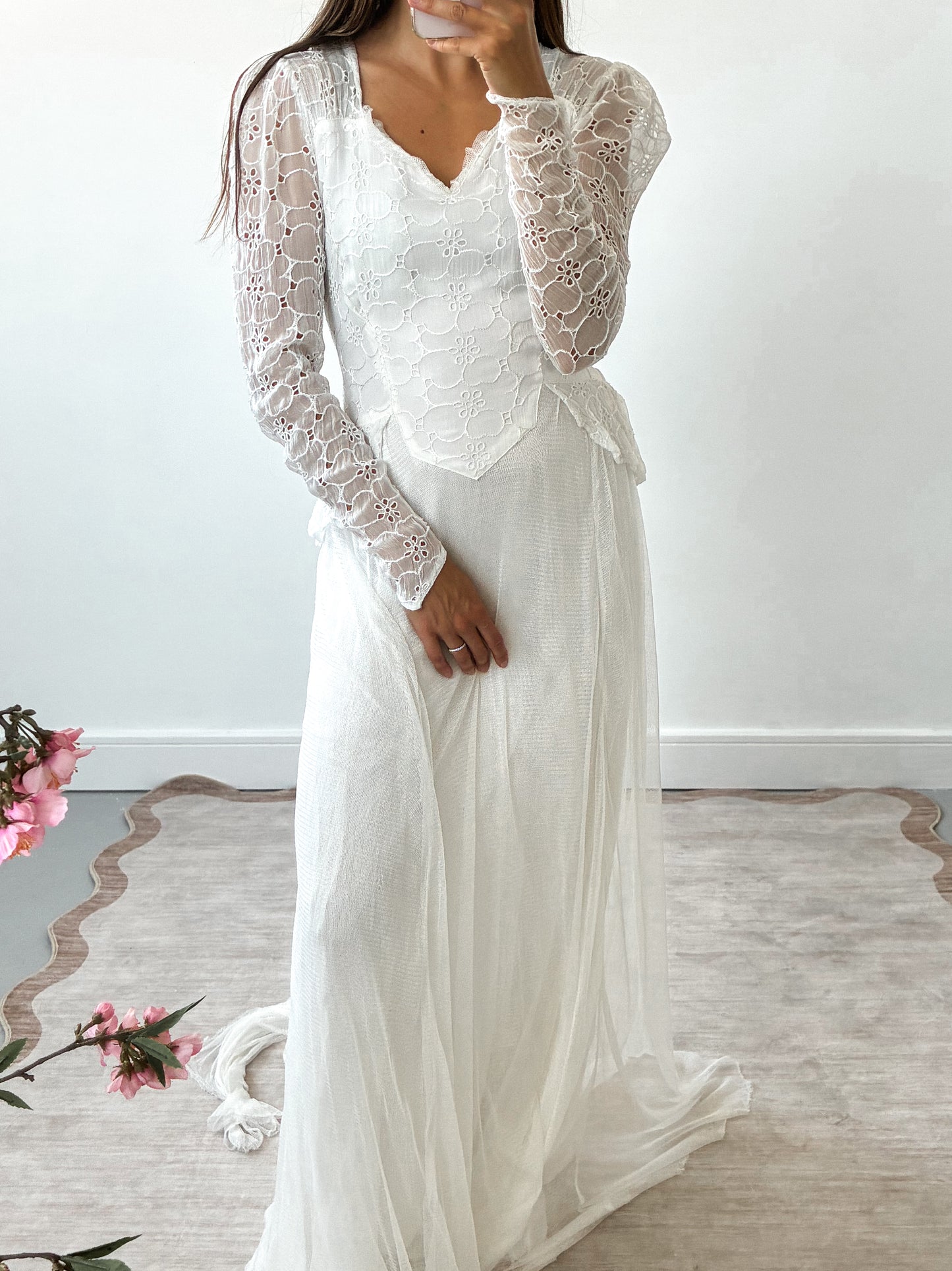 1940s Organdy Broderie and Net Wedding Dress with Train XS S