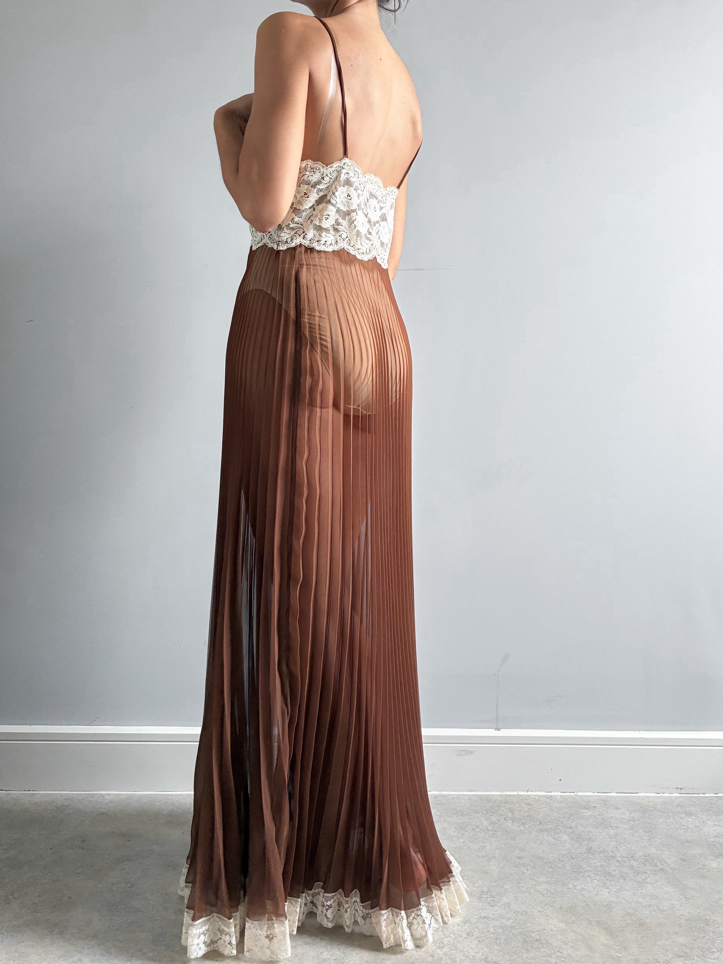 1970s Chocolate Pleated Nightdress with Cream Lace