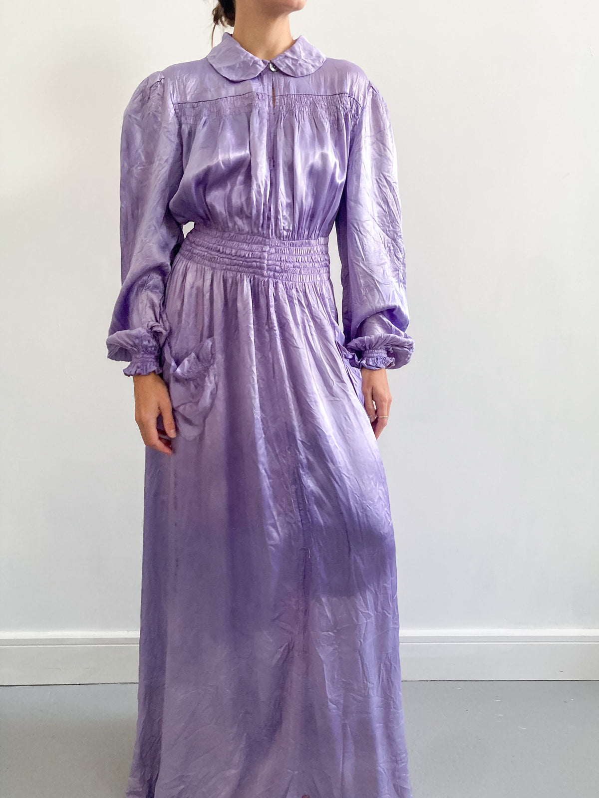 1930s Hand Dyed Satin Puff Sleeve Robe in Wisteria