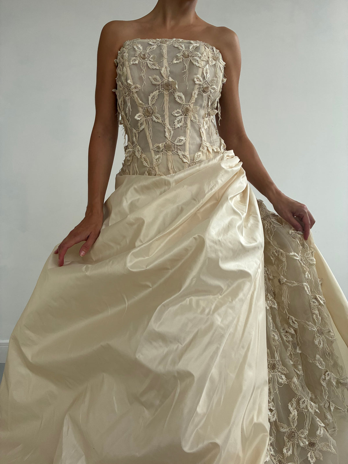 1990s Italian Silk Bridal Set In Cream With Floral Detail