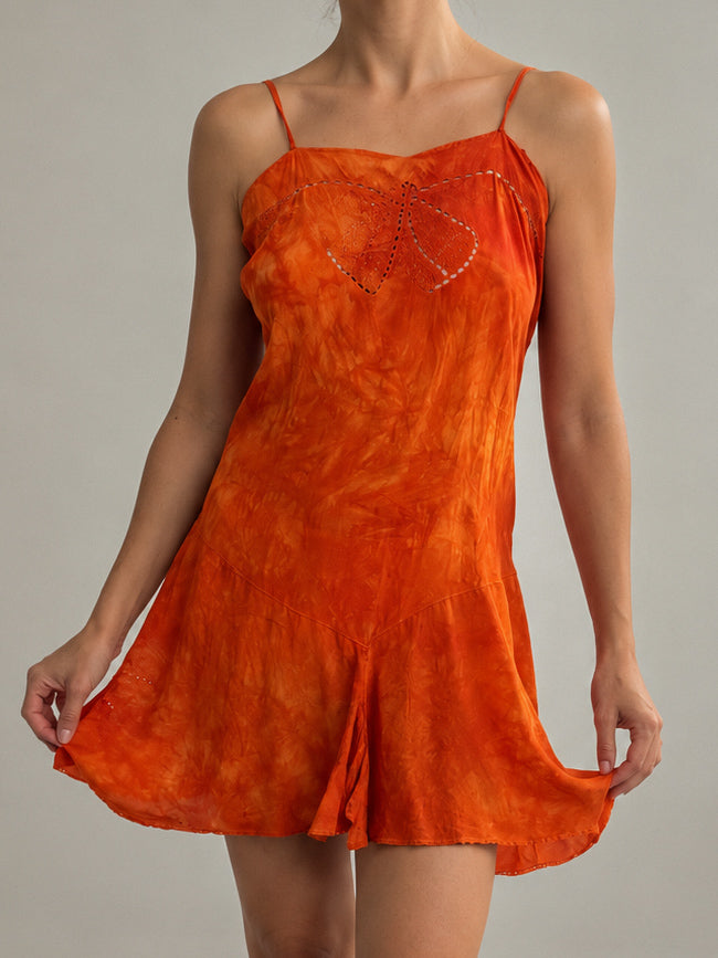 1930s Silk Mini Slip With Bow Embroidery Burnt Orange