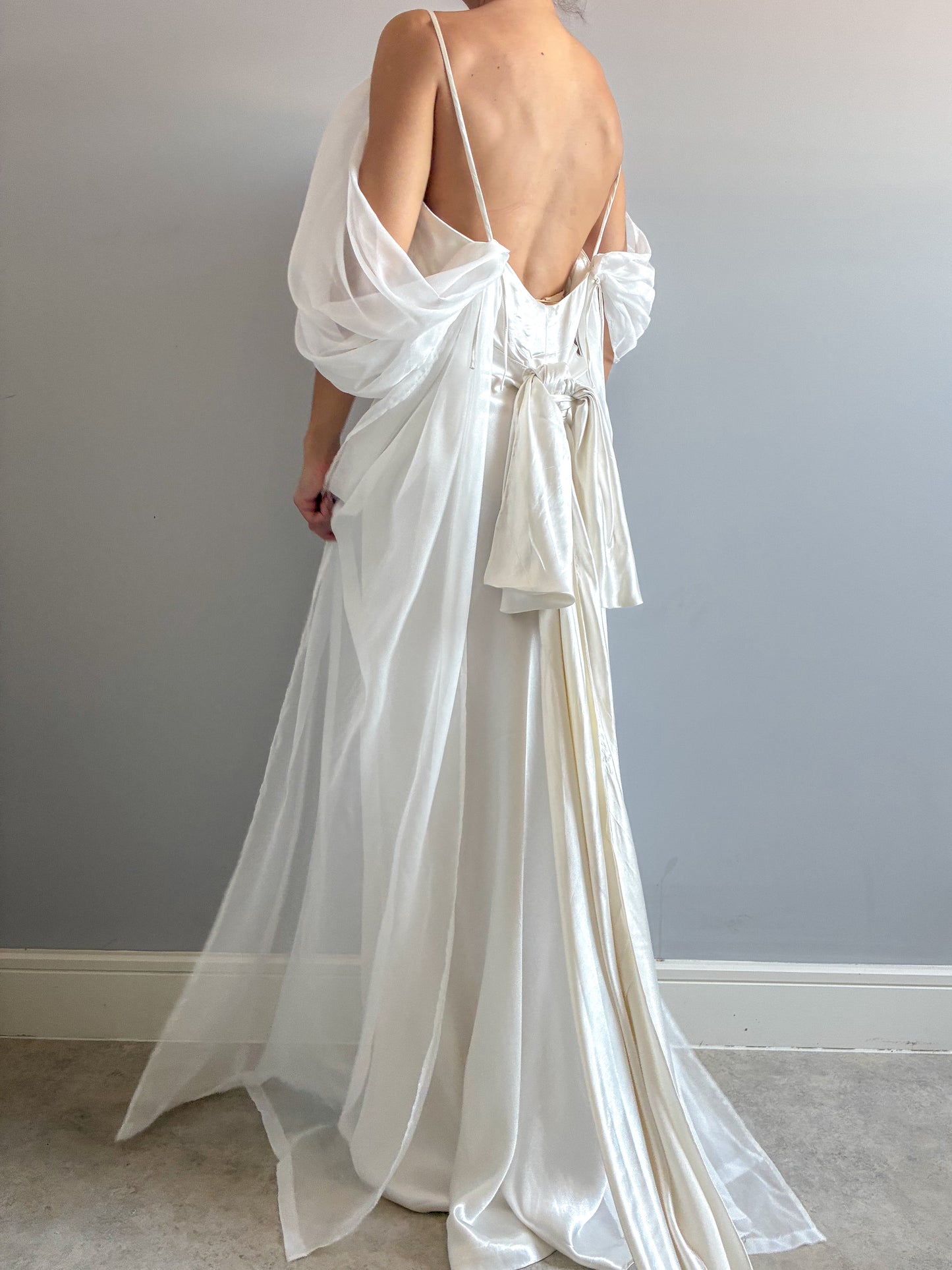 1930s Silk Wedding Gown With Chiffon Sleeves And Bow Detail