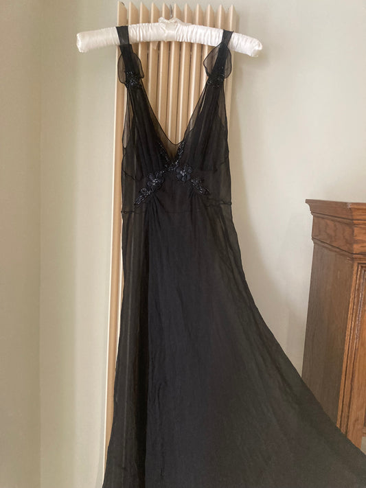 Vintage Black Silk Chiffon Slip Gown With Flower Applique