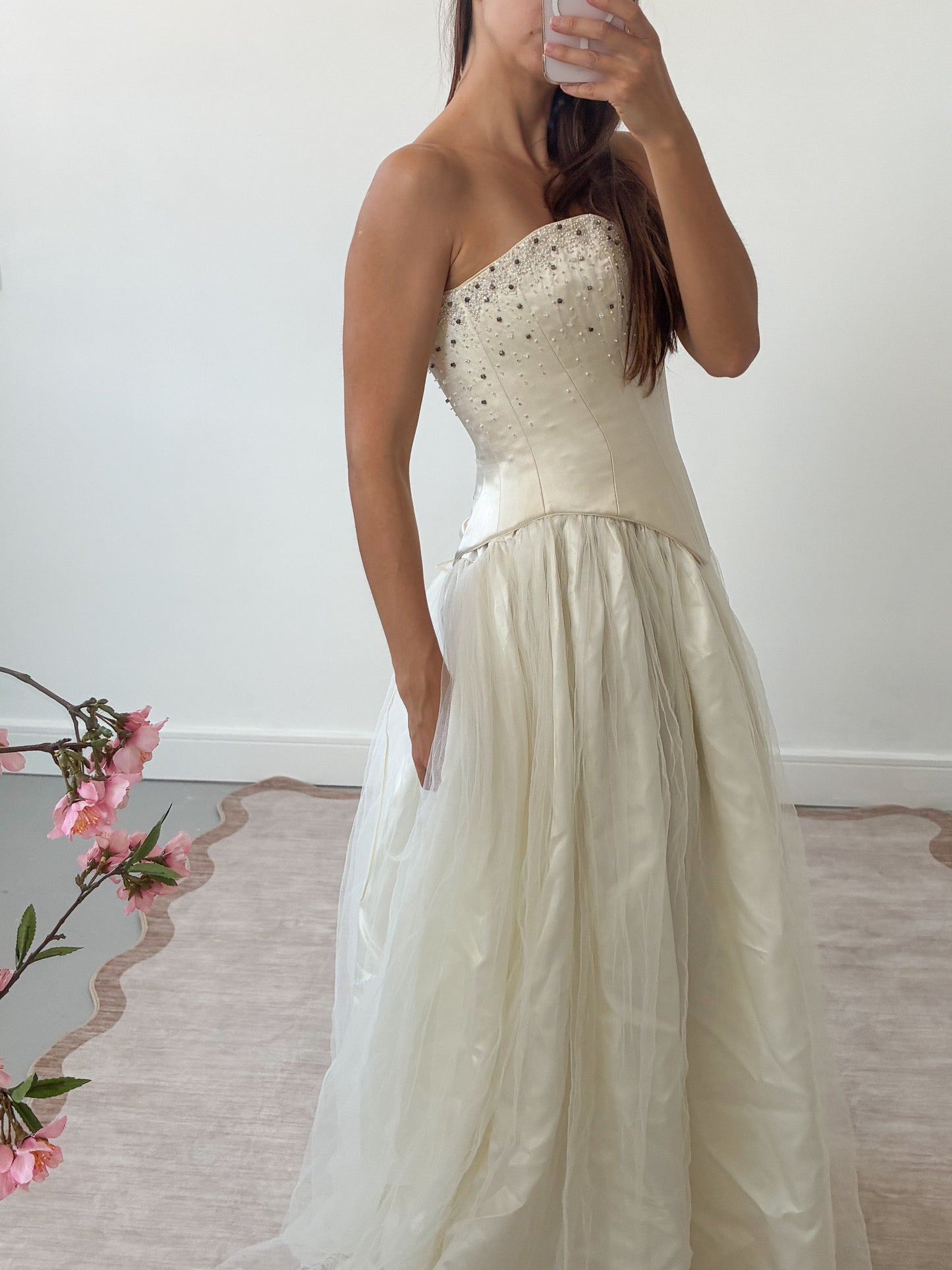 1990s Silk Lace-Up Embellished Corset In Cream S