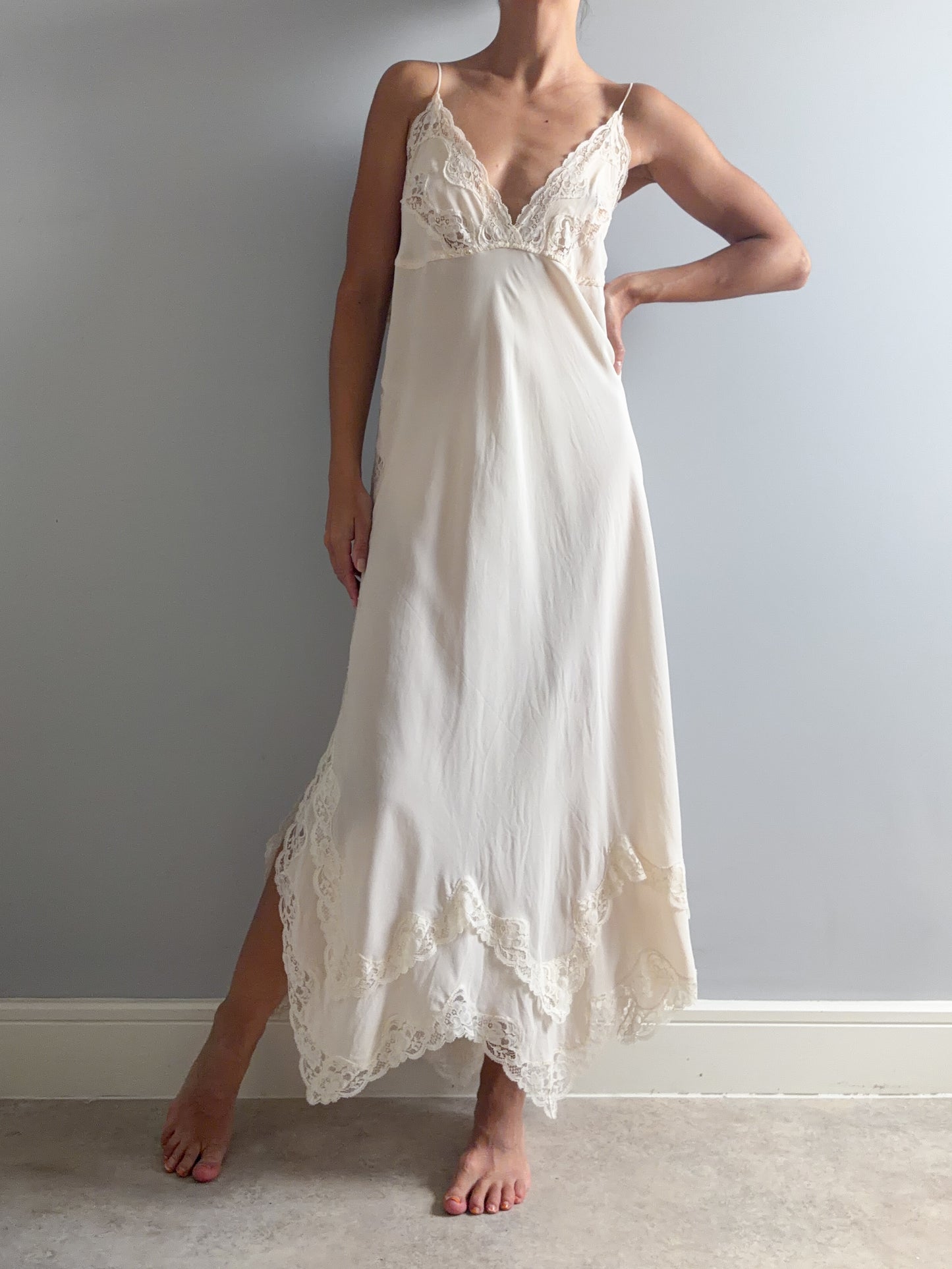 1970s Designer Pure Silk Nightgown With Lace Inserts
