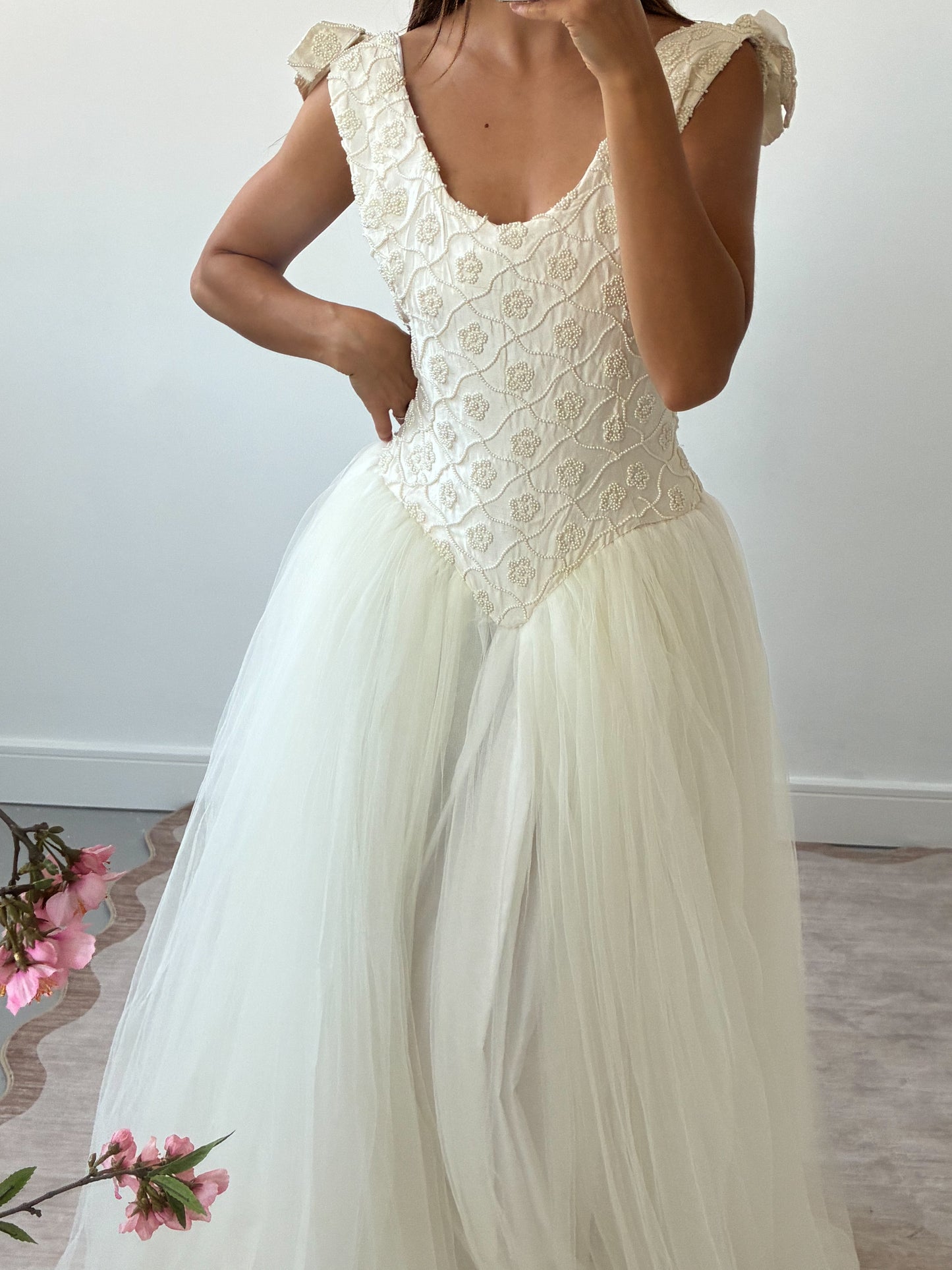 1990s Tulle Gown With Silk & Pearl Embroidered Corset And Bow Detail
