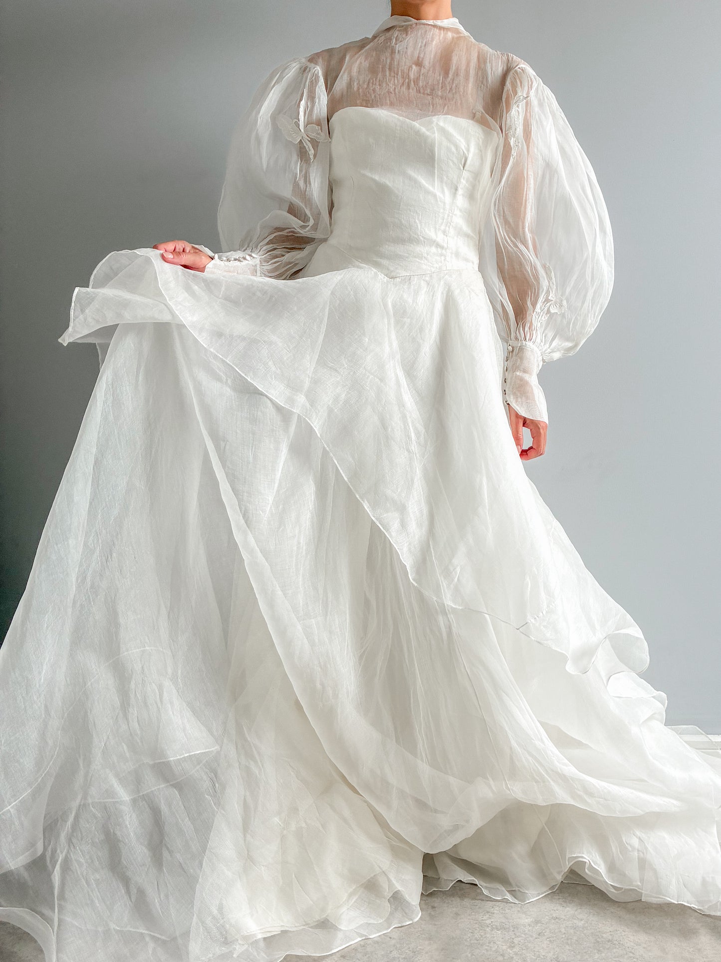 1940s Tiered Organza Wedding Gown With Puff Sleeves And Butterfly Detail