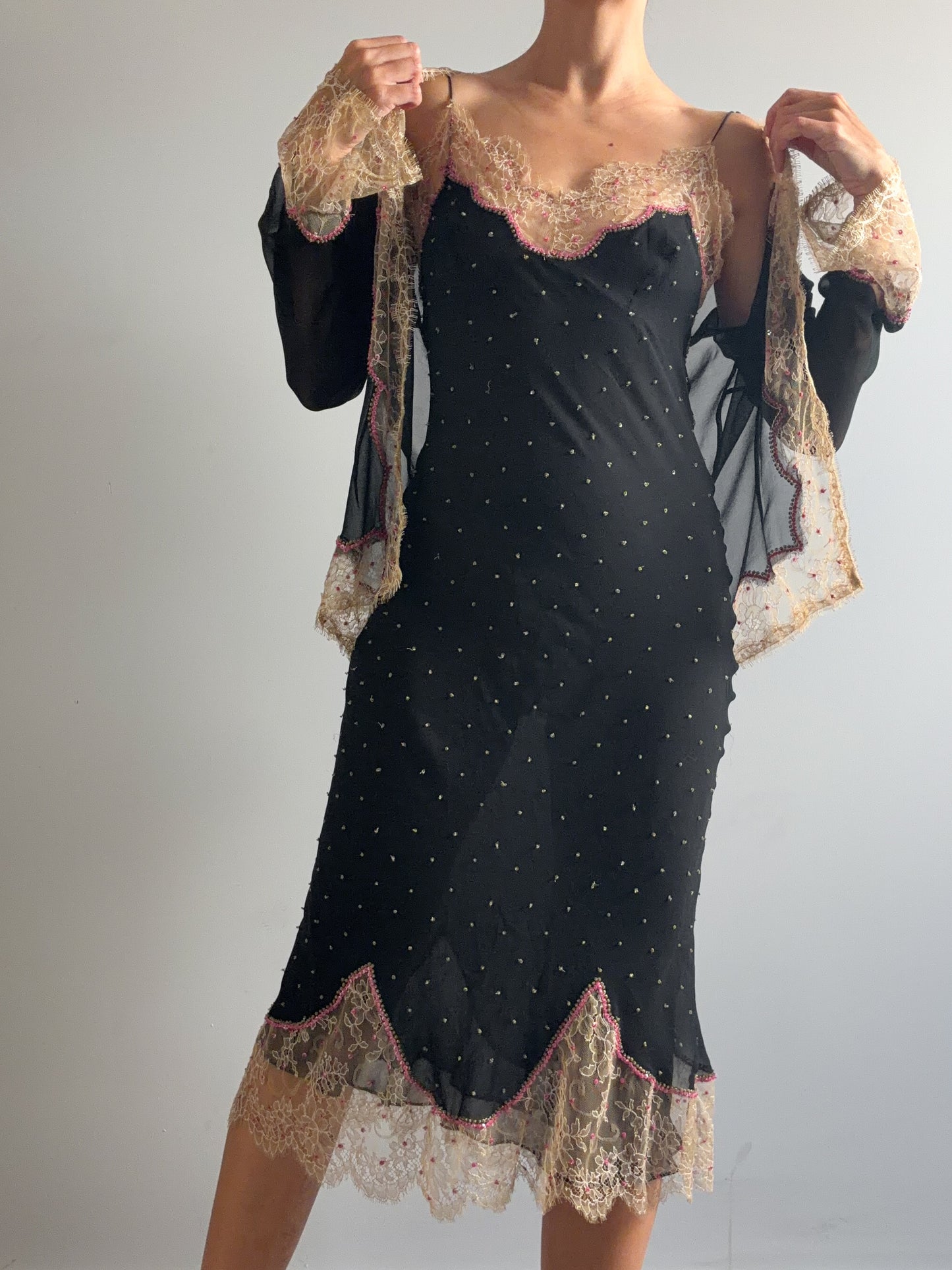 1990s Rare Designer Silk Chiffon Slip and Jacket Set With Chantilly Lace