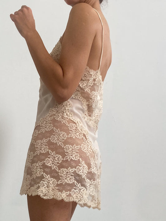1970s Cream Mesh Mini Slip with Floral Lace