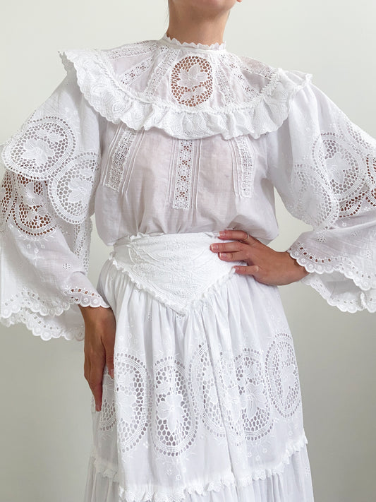 1970s Embroidered Two Piece Set with Tiered Sleeves