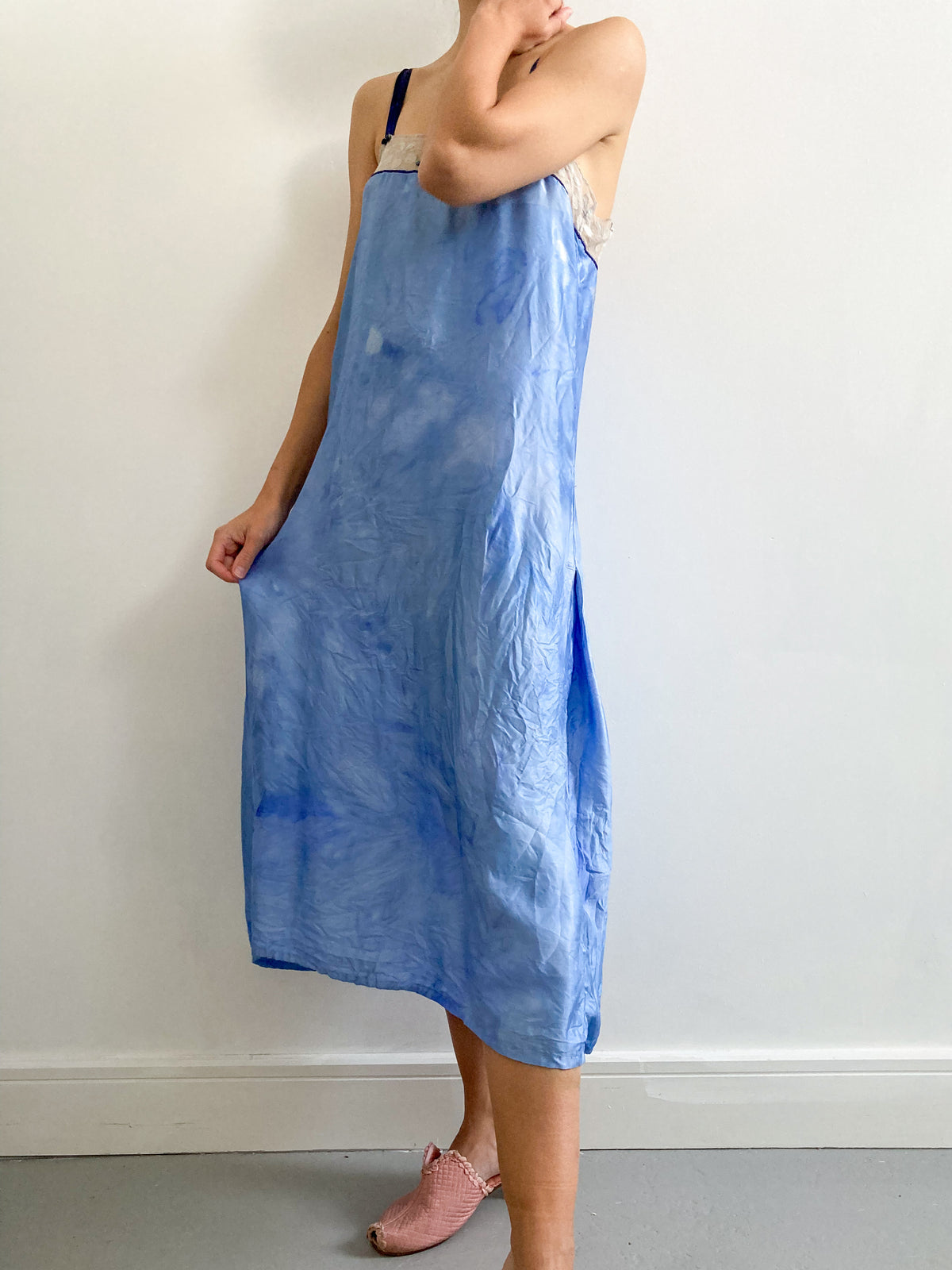 1920s Hand Dyed Satin Slip with Floral Lace in Midnight
