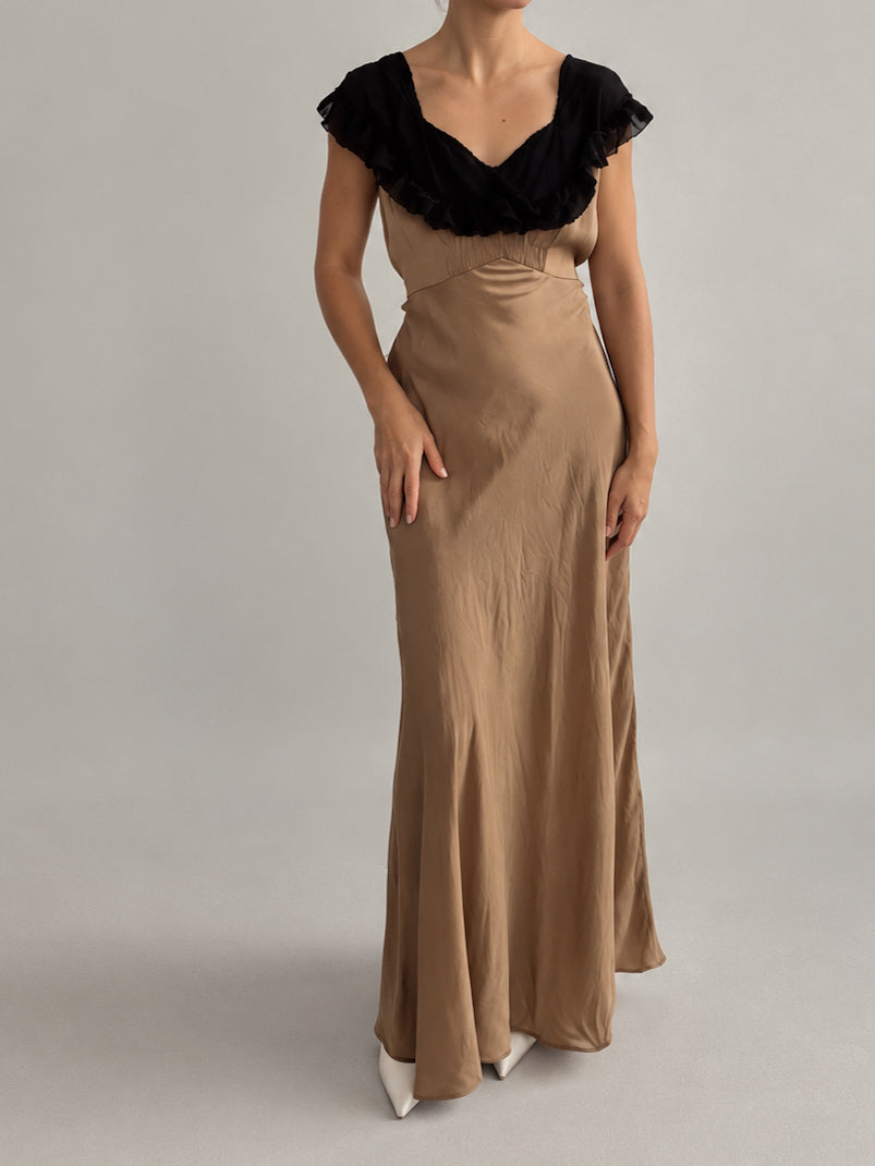 1930s Silk Nightgown With Chiffon Trim In Coffee M L
