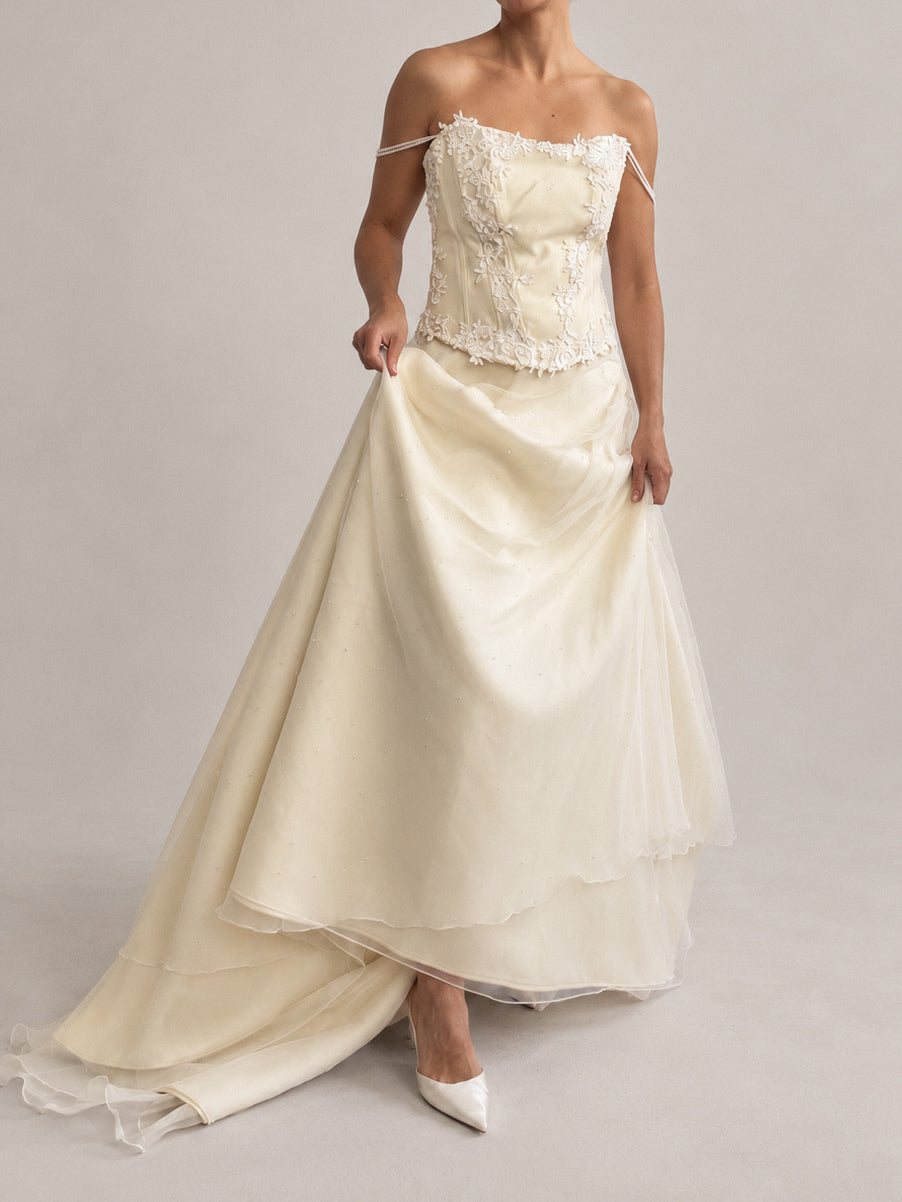 1990s Italian Embellished Silk & Tulle Bridal Two Piece M