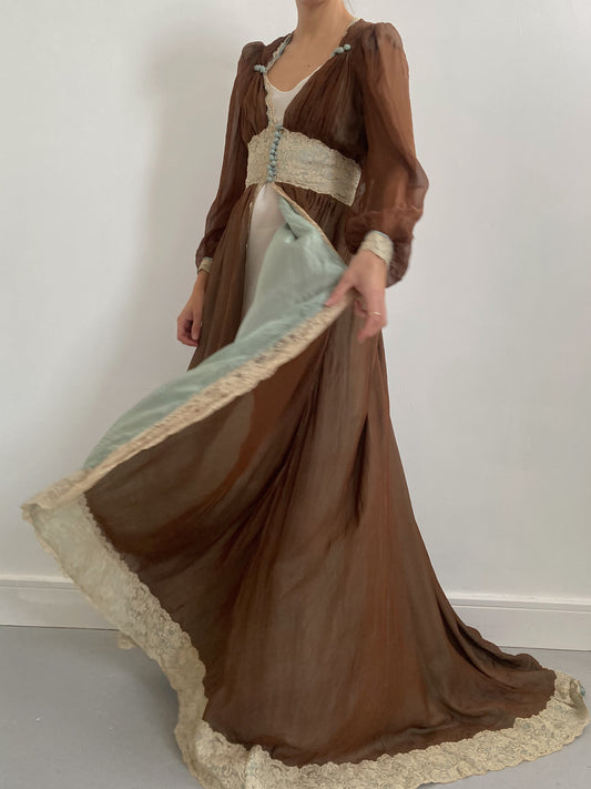 Antique Edwardian Chocolate Chiffon Silk Robe with Balloon Sleeves