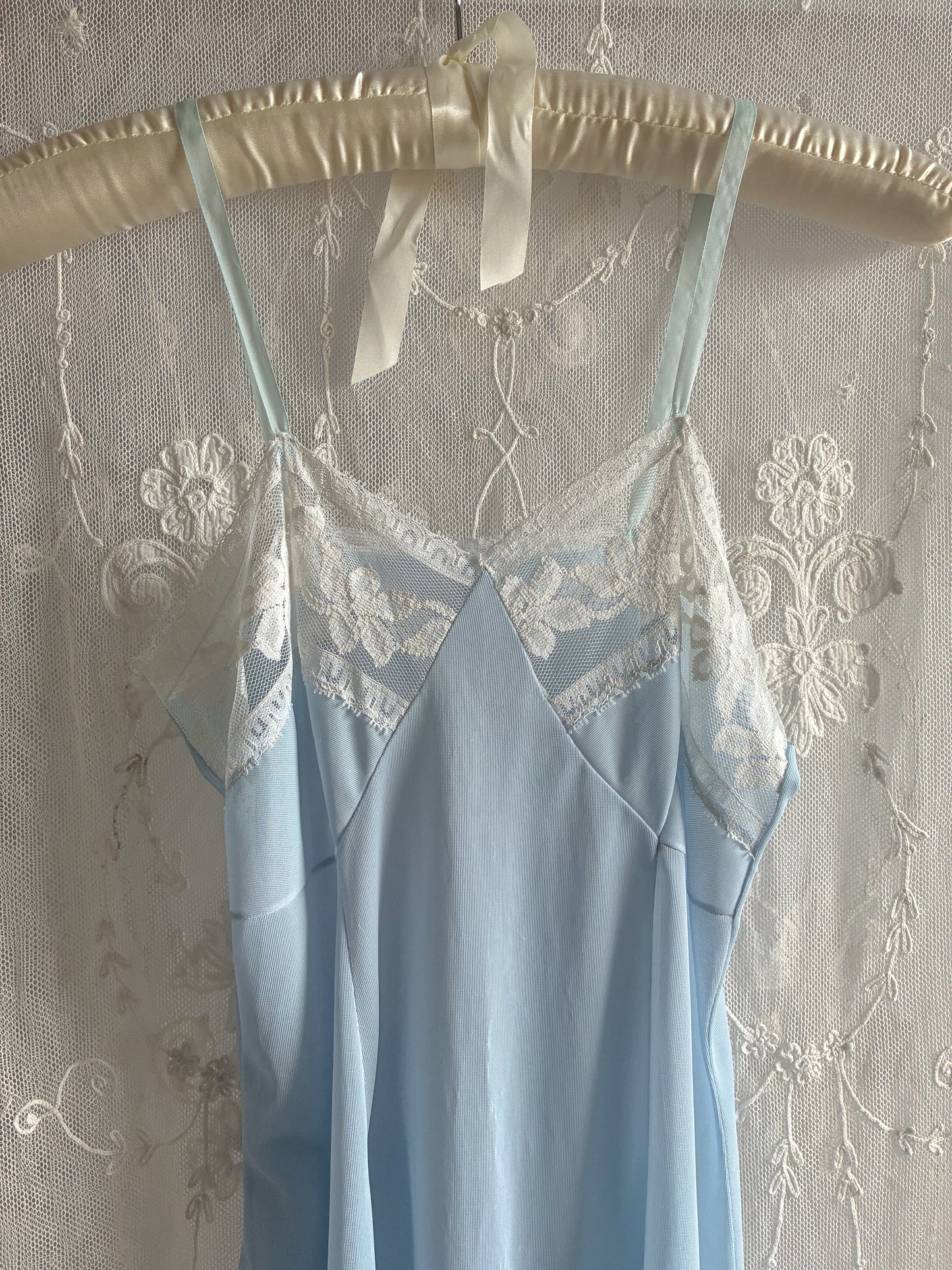 1940s Powder Blue Midi Slip With White Lace
